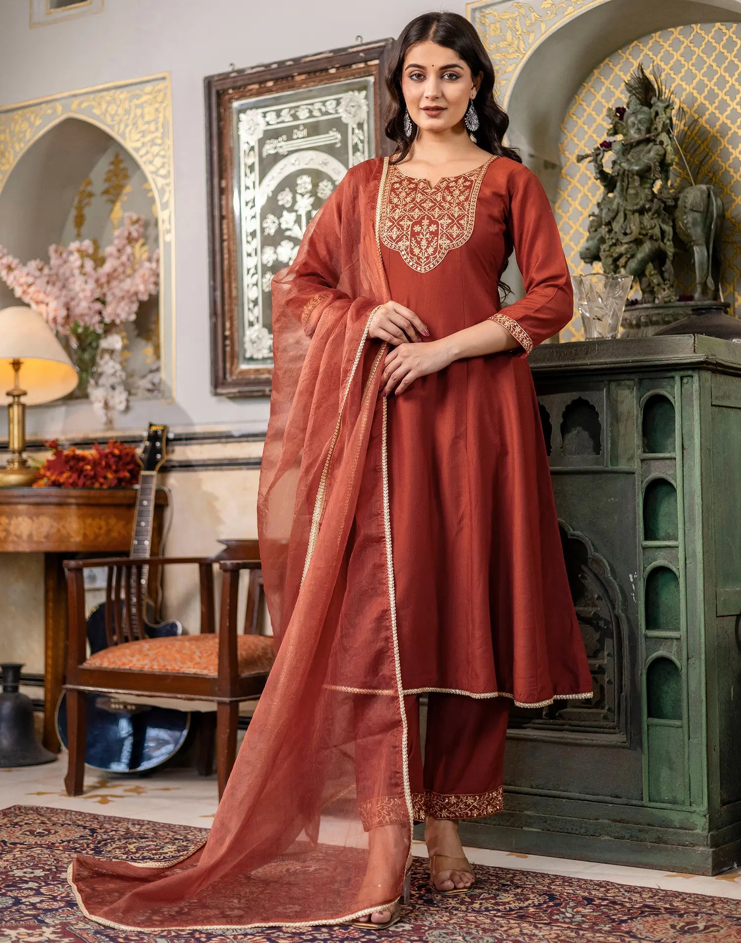 Poly Chinnon Embroidered A-Line 3 Piece Kurta Set