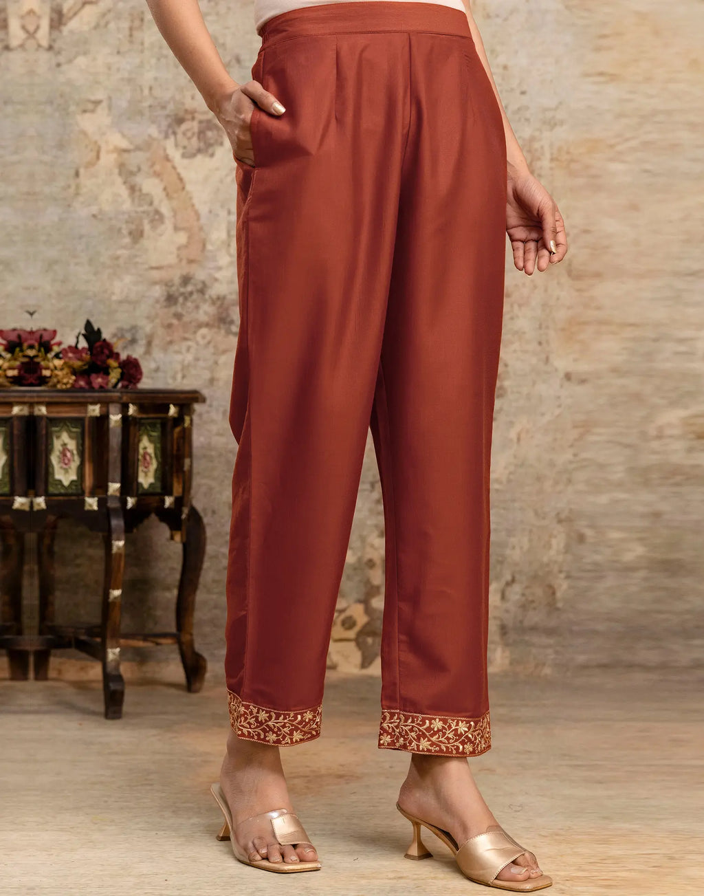 Poly Chinnon Embroidered A-Line 3 Piece Kurta Set