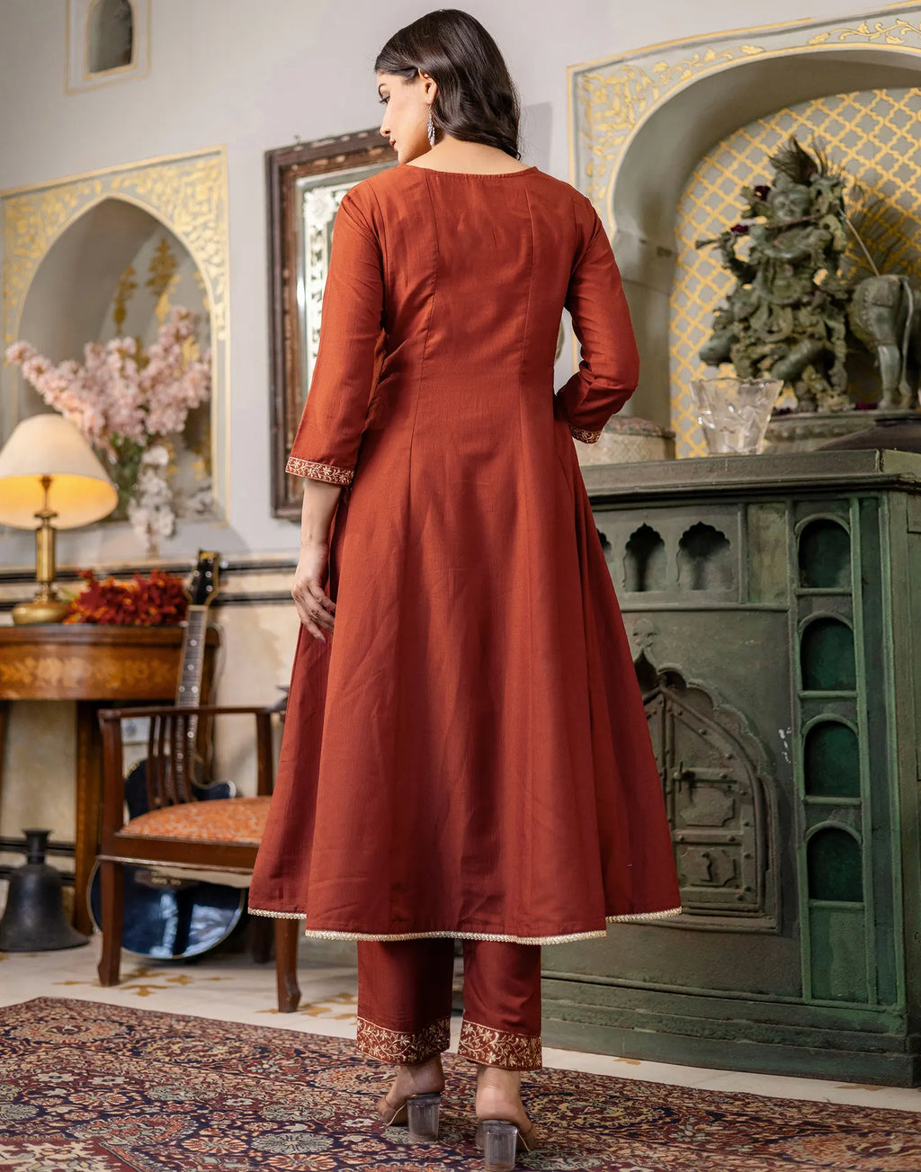 Poly Chinnon Embroidered A-Line 3 Piece Kurta Set