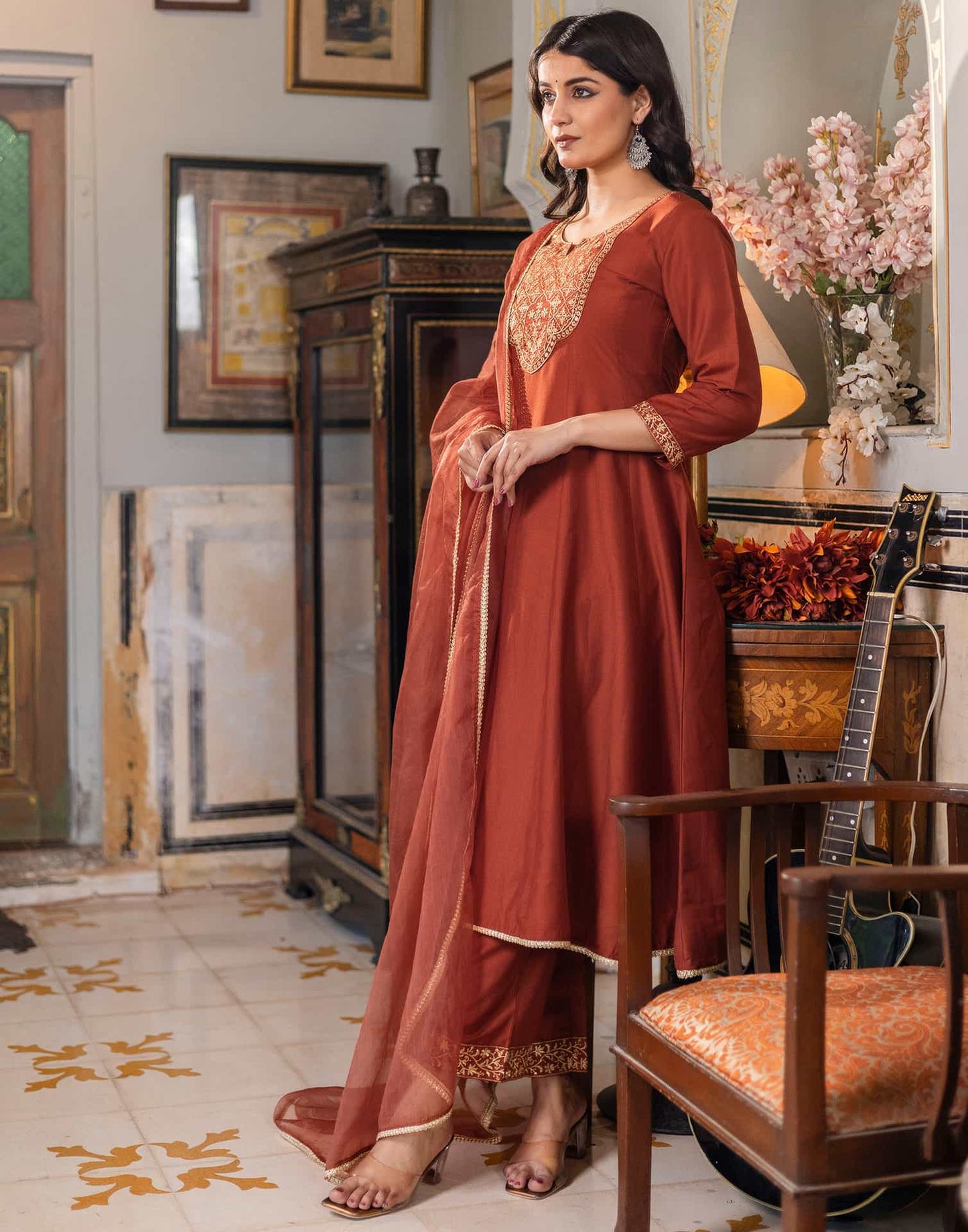 Silk Blend Embroidered Anarkali Kurta with Pant & Dupatta