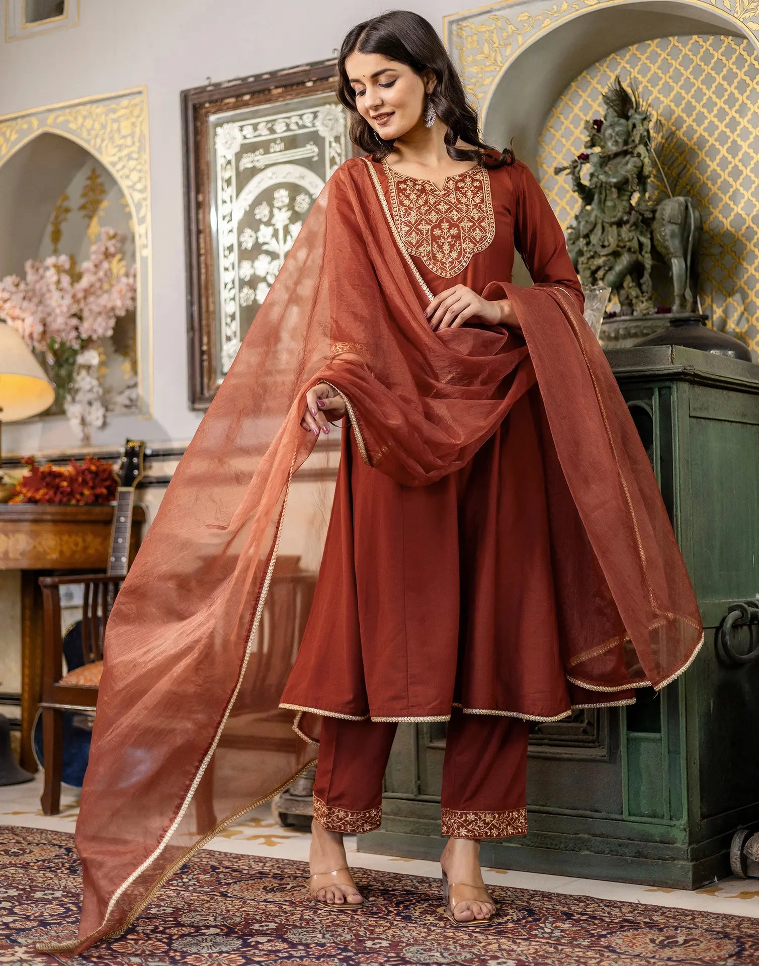 Poly Chinnon Embroidered A-Line 3 Piece Kurta Set