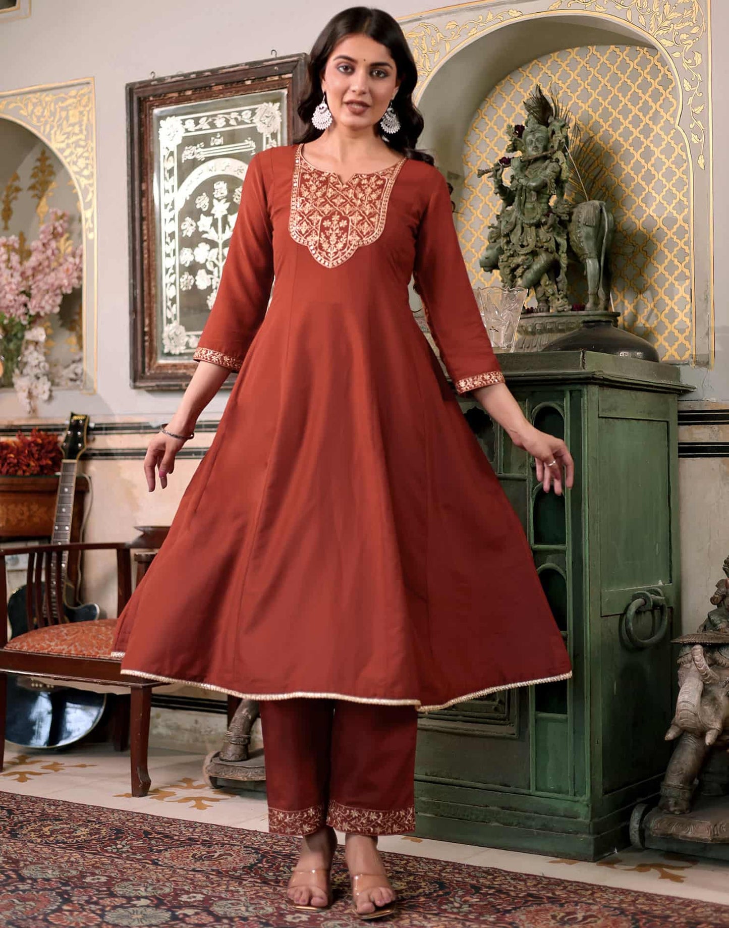Silk Blend Embroidered Anarkali Kurta with Pant & Dupatta