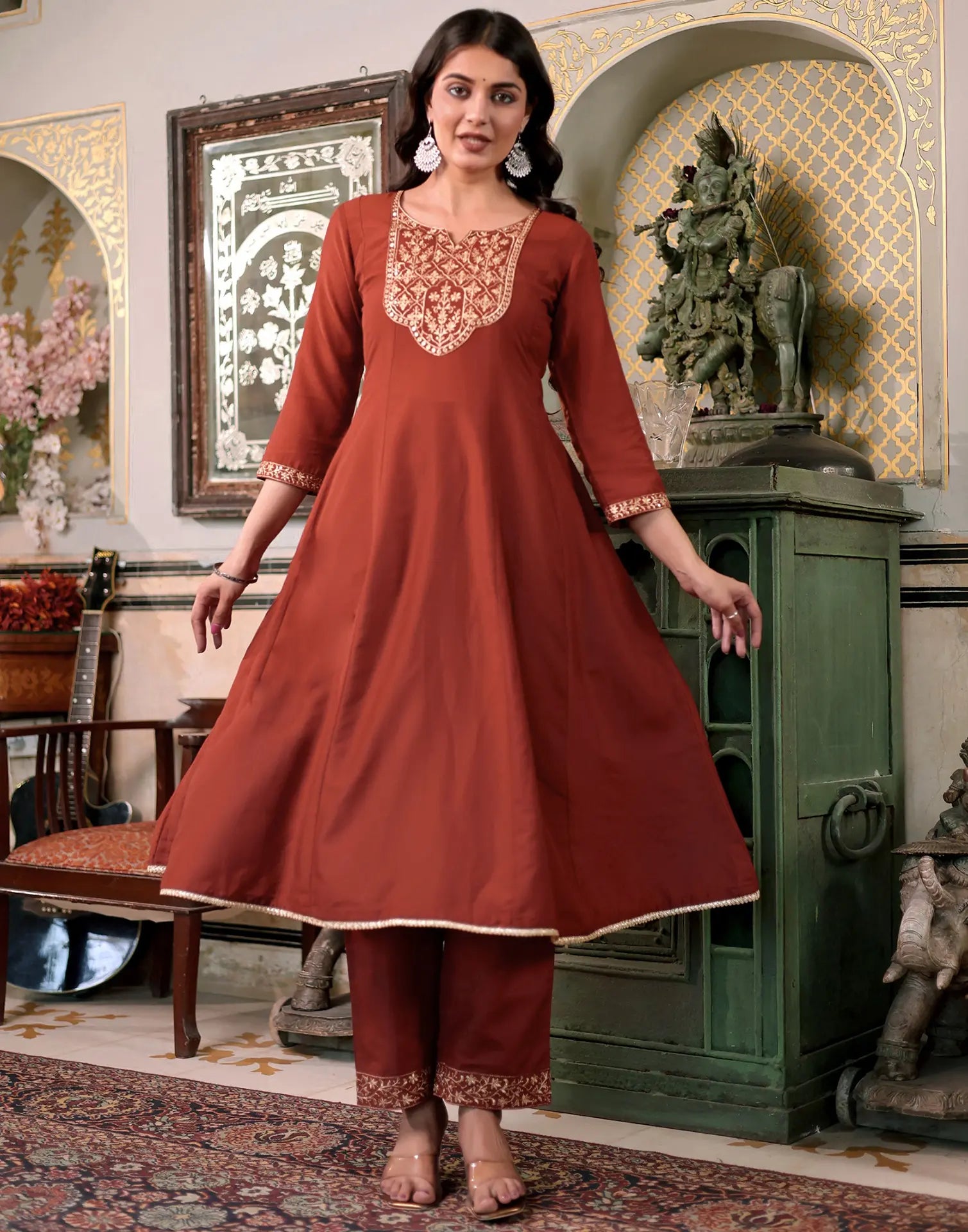 Poly Chinnon Embroidered A-Line 3 Piece Kurta Set