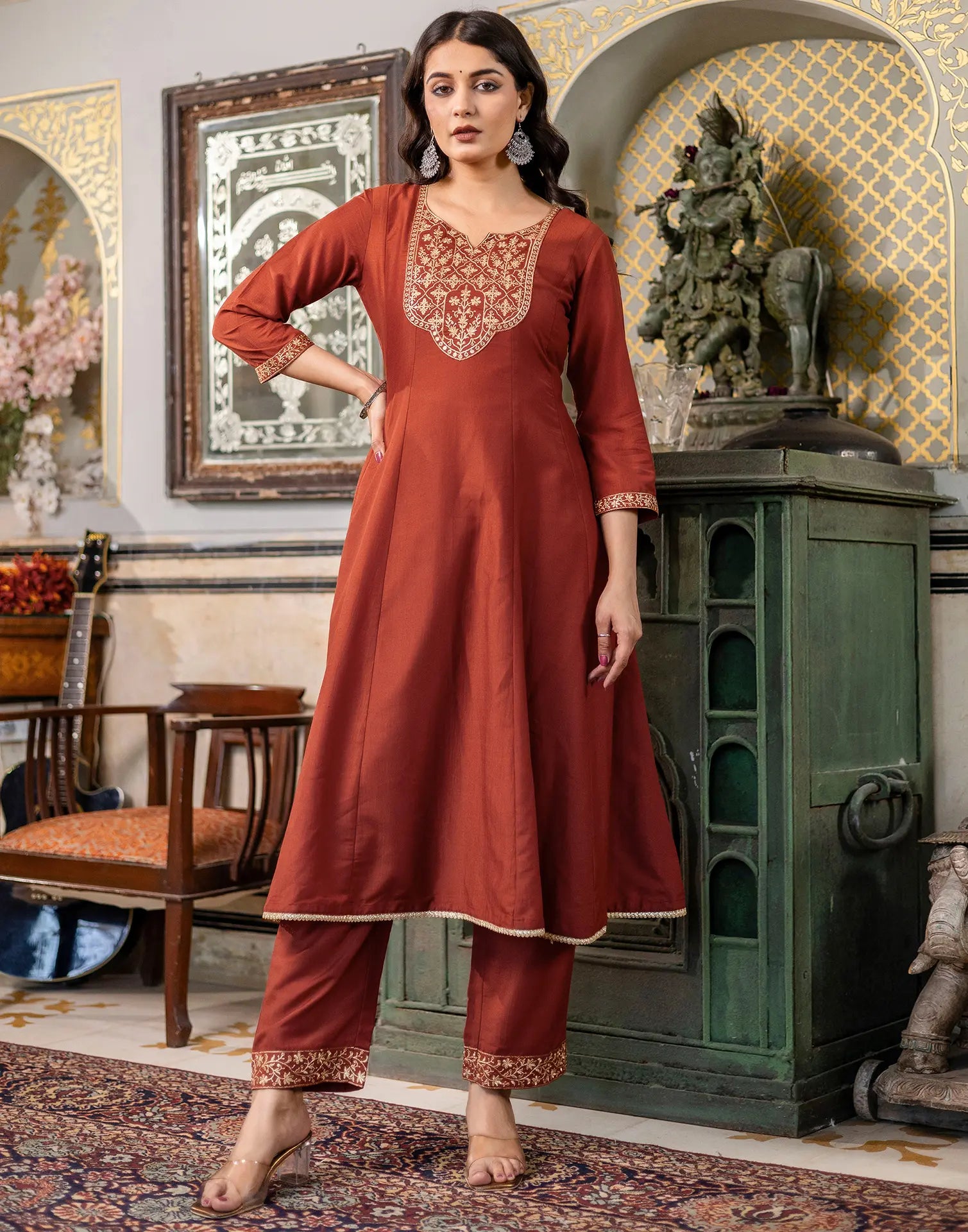 Poly Chinnon Embroidered A-Line 3 Piece Kurta Set