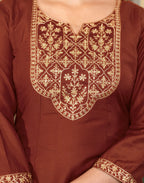 Poly Chinnon Embroidered A-Line 3 Piece Kurta Set