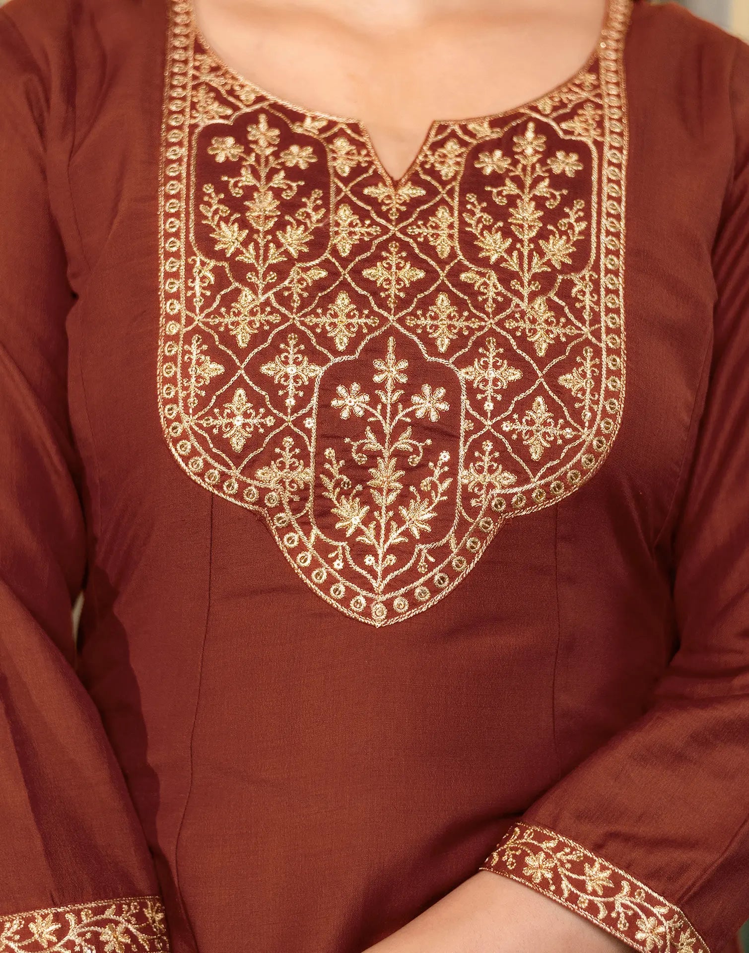 Poly Chinnon Embroidered A-Line 3 Piece Kurta Set