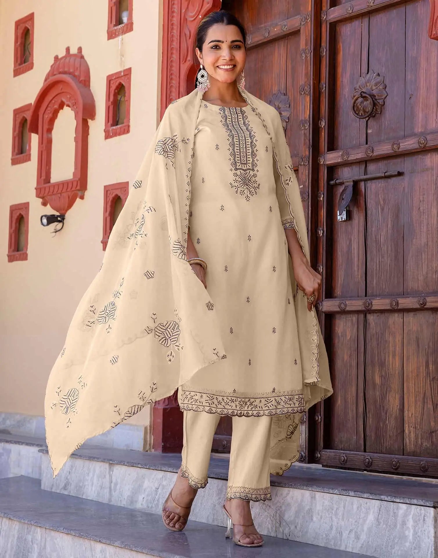Beige Silk Embroidered and Sequins Work Straight Kurta Set with Pant & Dupatta for Women