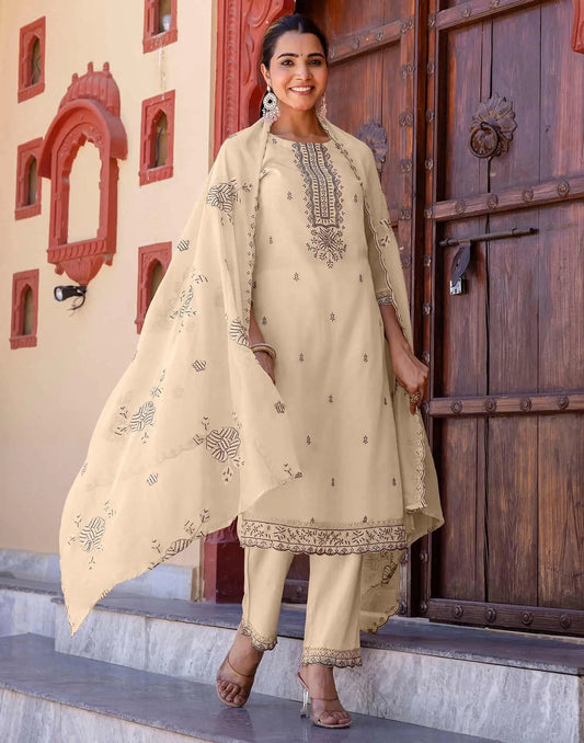 Beige Silk Embroidered and Sequins Work Straight Kurta Set with Pant & Dupatta for Women