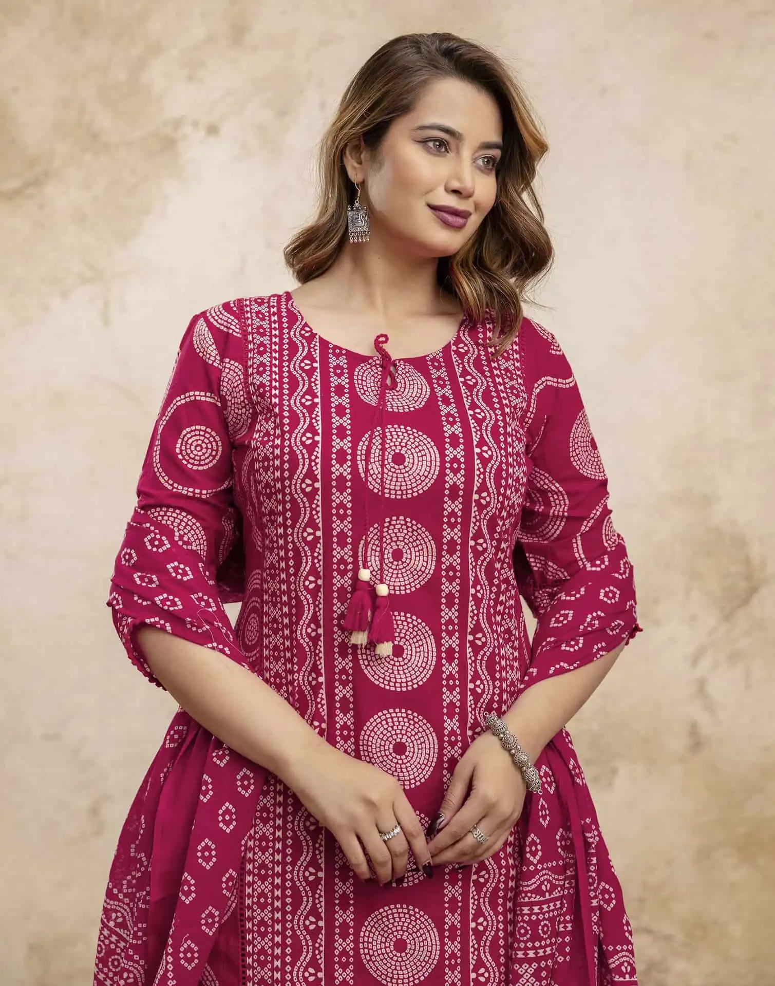 Pink Cotton Bandhani Printed Straight Kurta Set with Pant and Dupatta