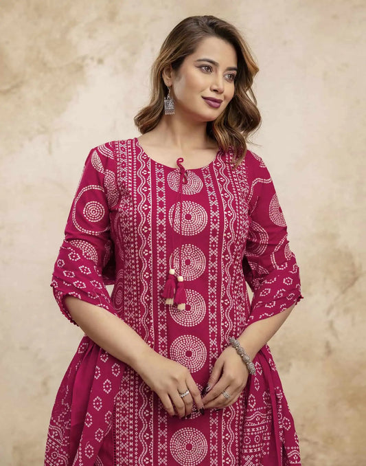 Pink Cotton Bandhani Printed Straight Kurta Set with Pant and Dupatta