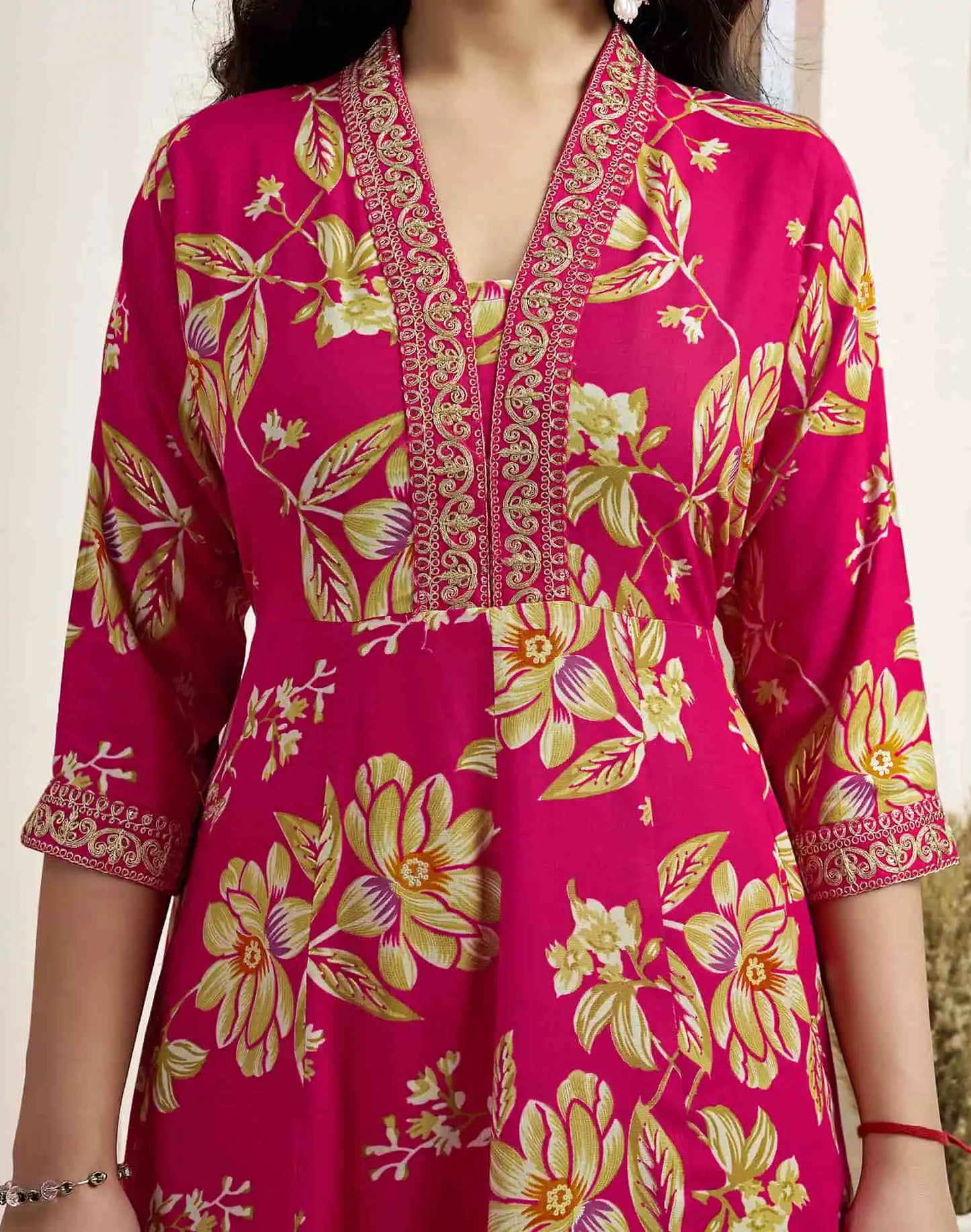 Pink Cotton Printed Anarkali Kurta Set with Pant & Dupatta for Women V-Neck, Casual & Festival Wear Under 1299