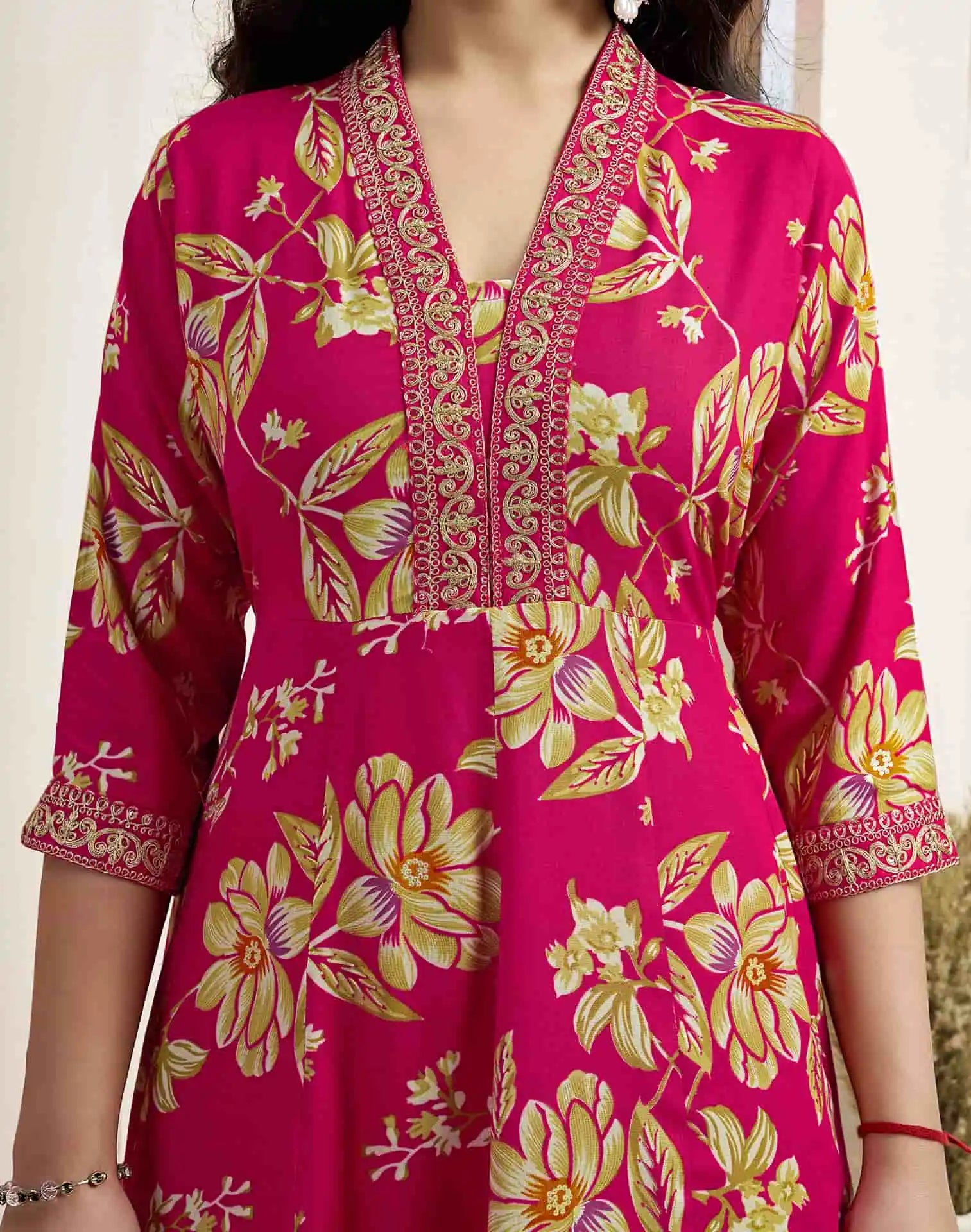 Pink Cotton Printed Anarkali Kurta Set with Pant & Dupatta for Women V-Neck, Casual & Festival Wear Under 1299