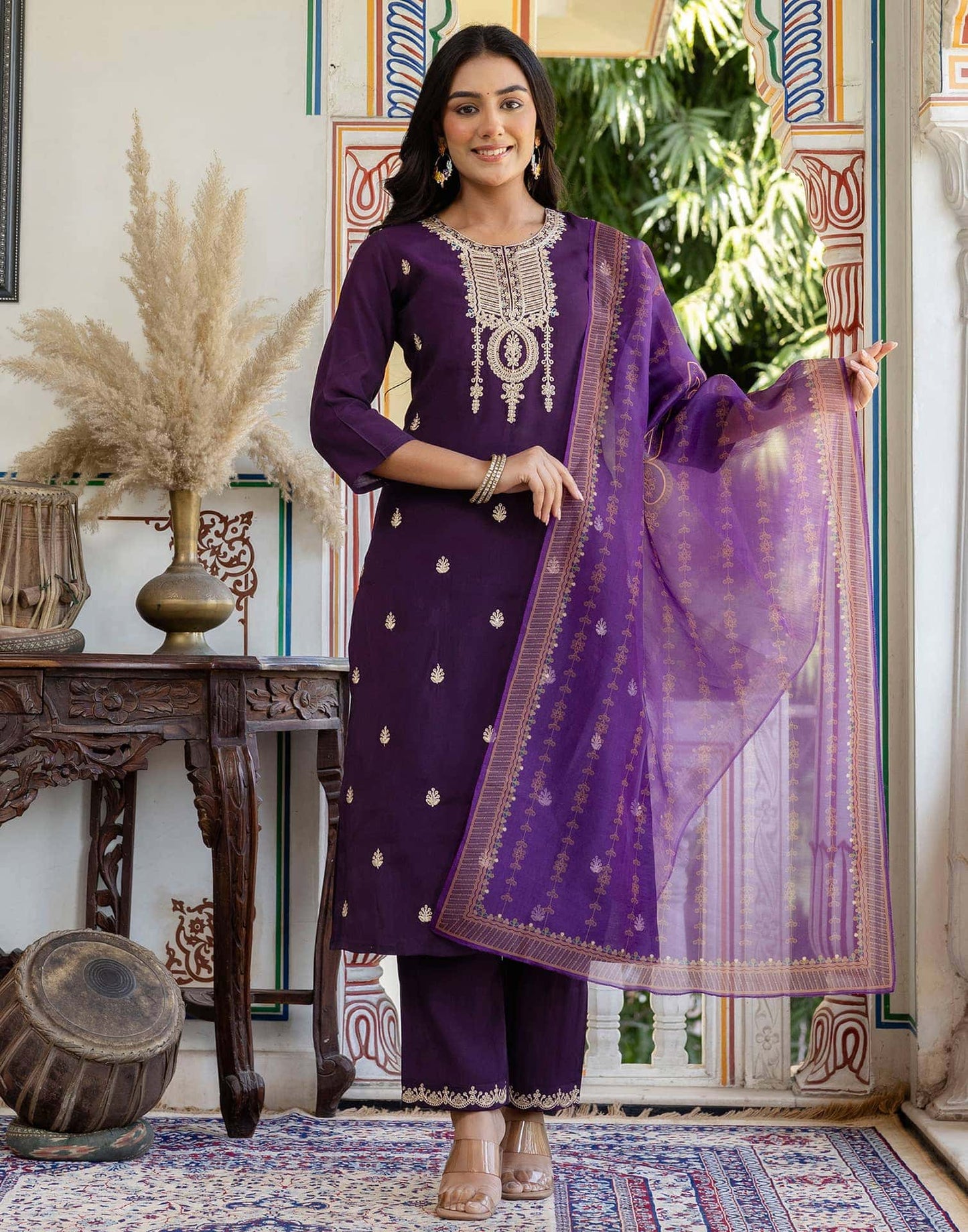 Silk Embroidery and Sequins Work Straight Kurta with Pant & Dupatta