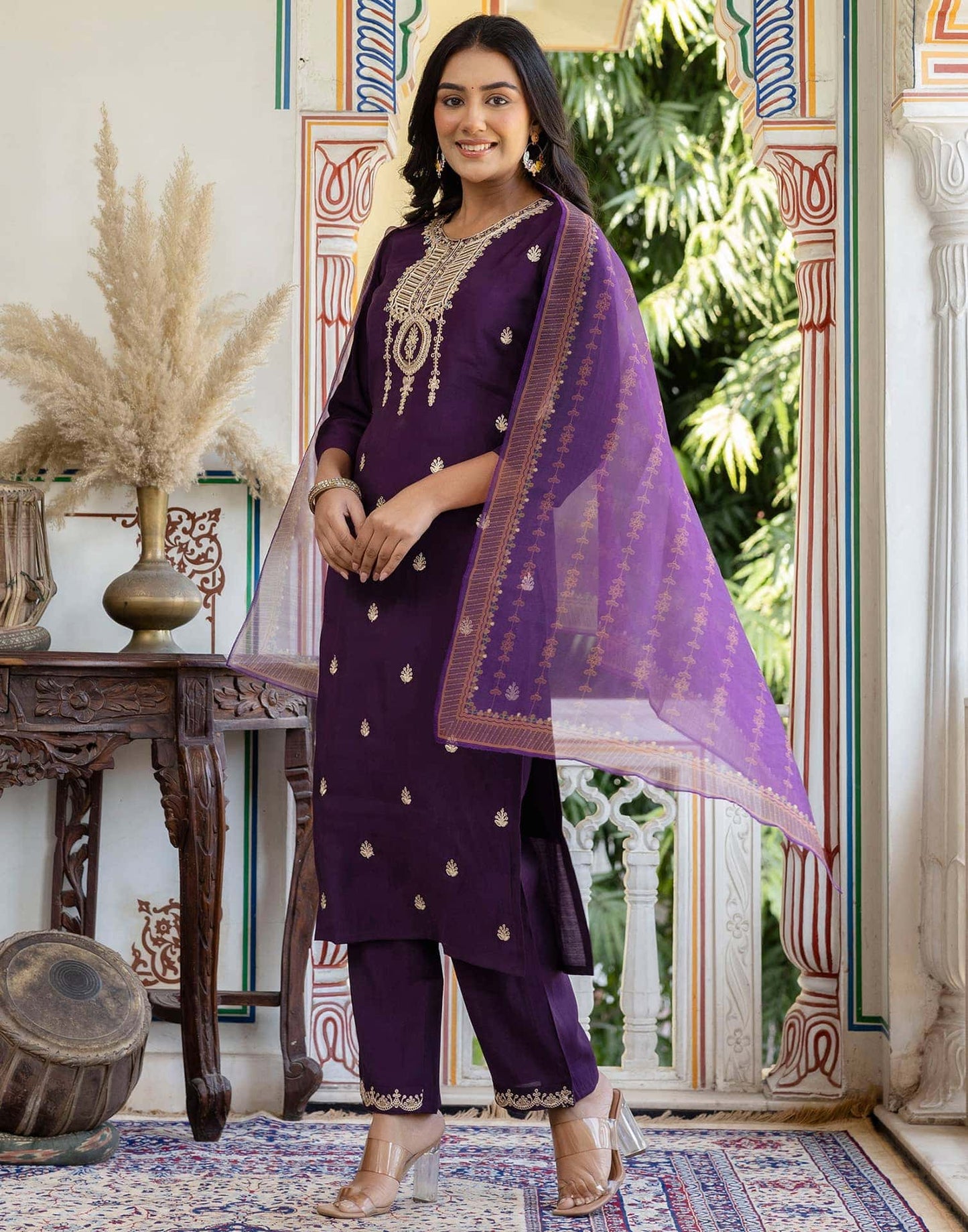 Silk Embroidery and Sequins Work Straight Kurta with Pant & Dupatta