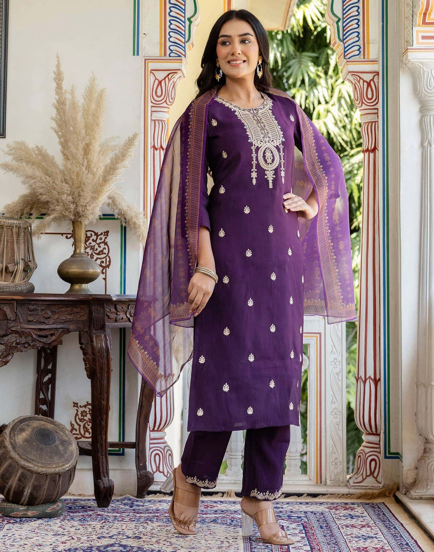 Silk Embroidery and Sequins Work Straight Kurta with Pant & Dupatta