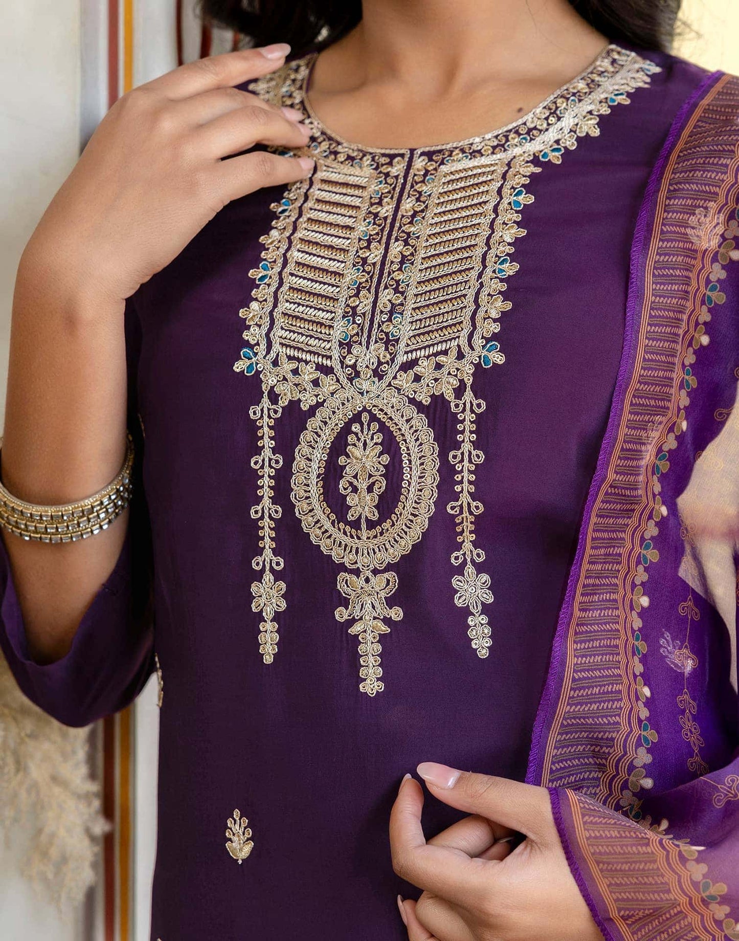 Silk Embroidery and Sequins Work Straight Kurta with Pant & Dupatta
