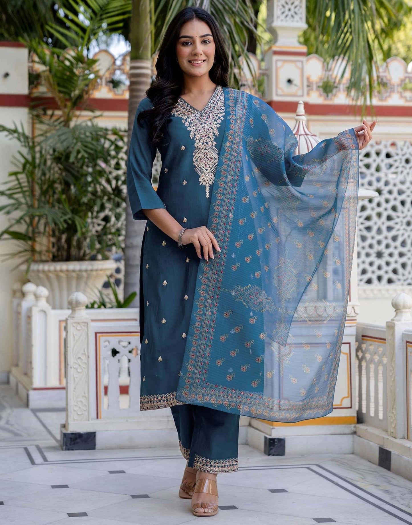 Silk Embroidery and Sequins Work Straight Kurta with Pant & Dupatta