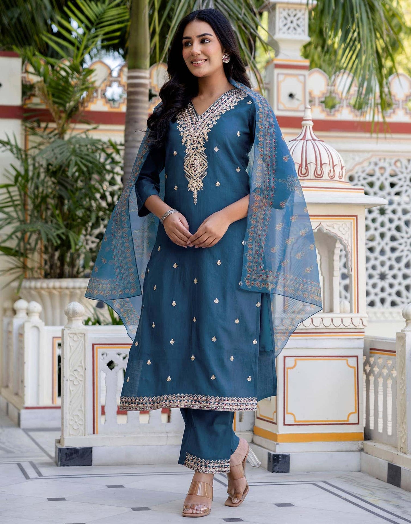 Silk Embroidery and Sequins Work Straight Kurta with Pant & Dupatta