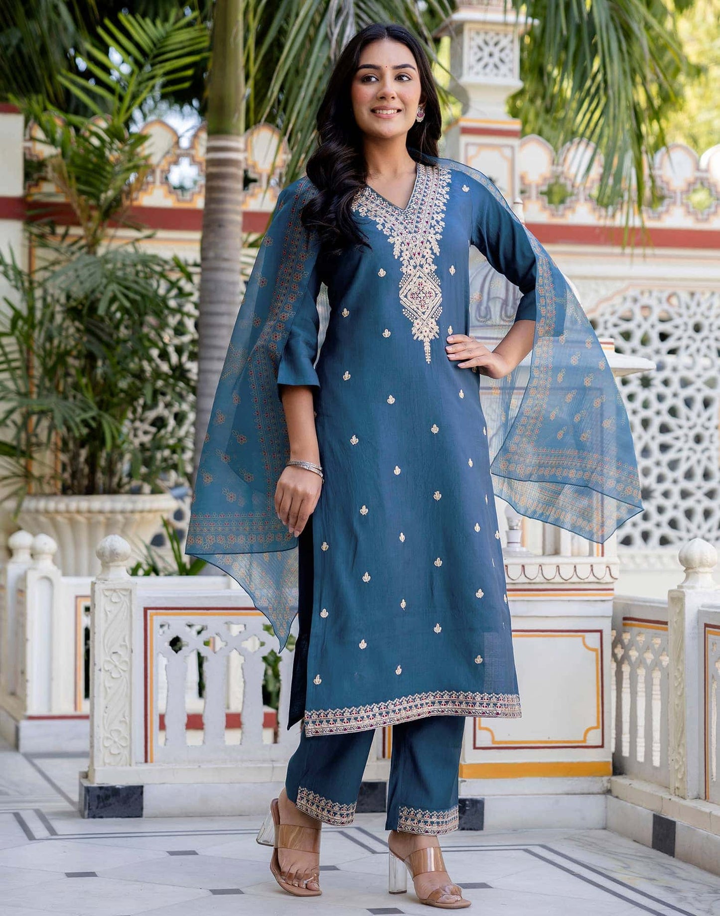 Silk Embroidery and Sequins Work Straight Kurta with Pant & Dupatta