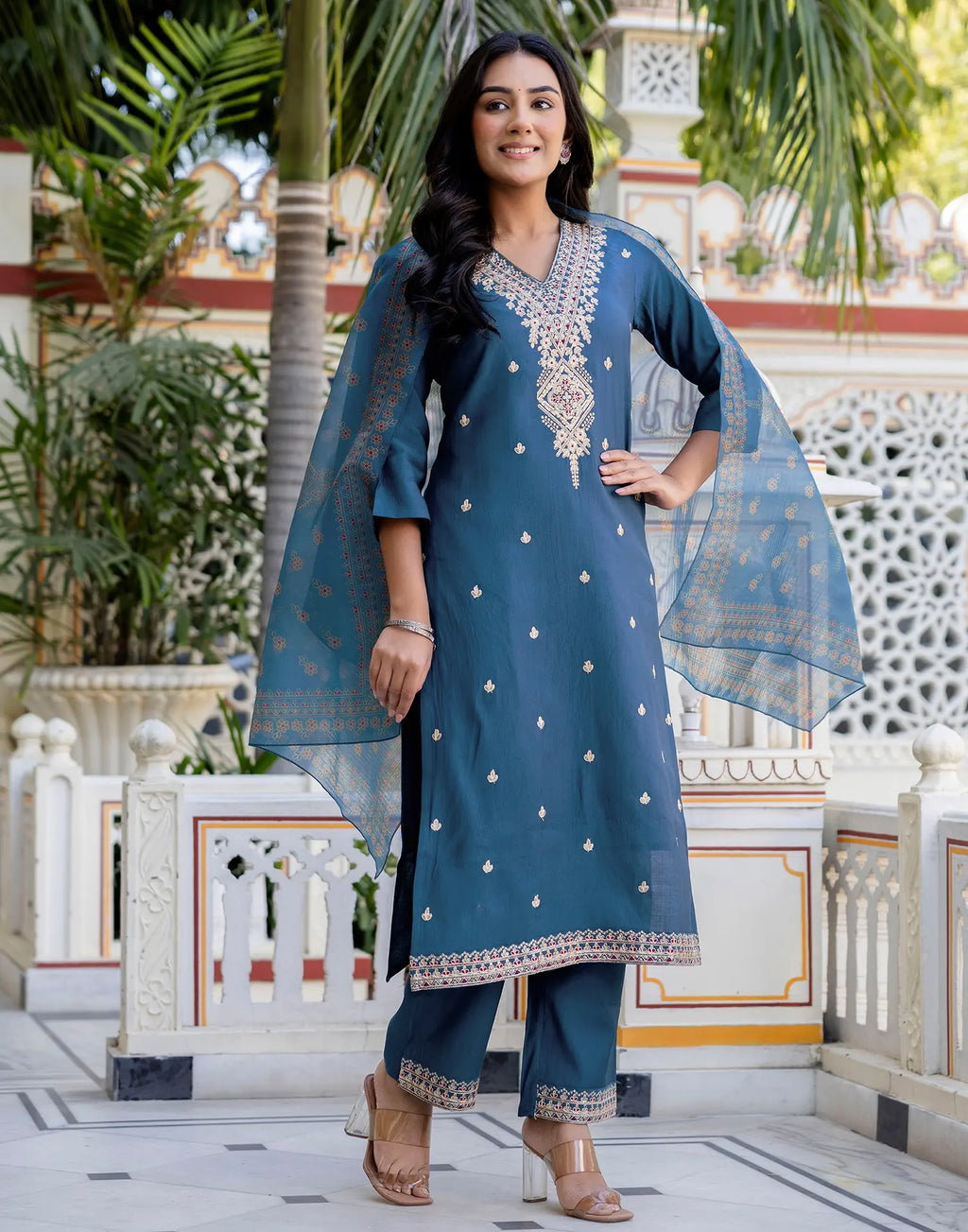 Silk Embroidered Straight 3 Piece Kurta Set