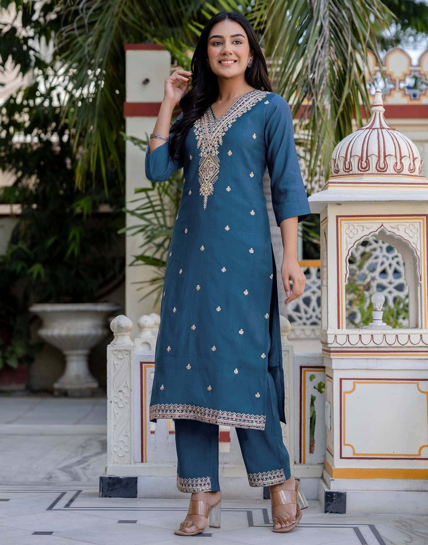 Silk Embroidery and Sequins Work Straight Kurta with Pant & Dupatta