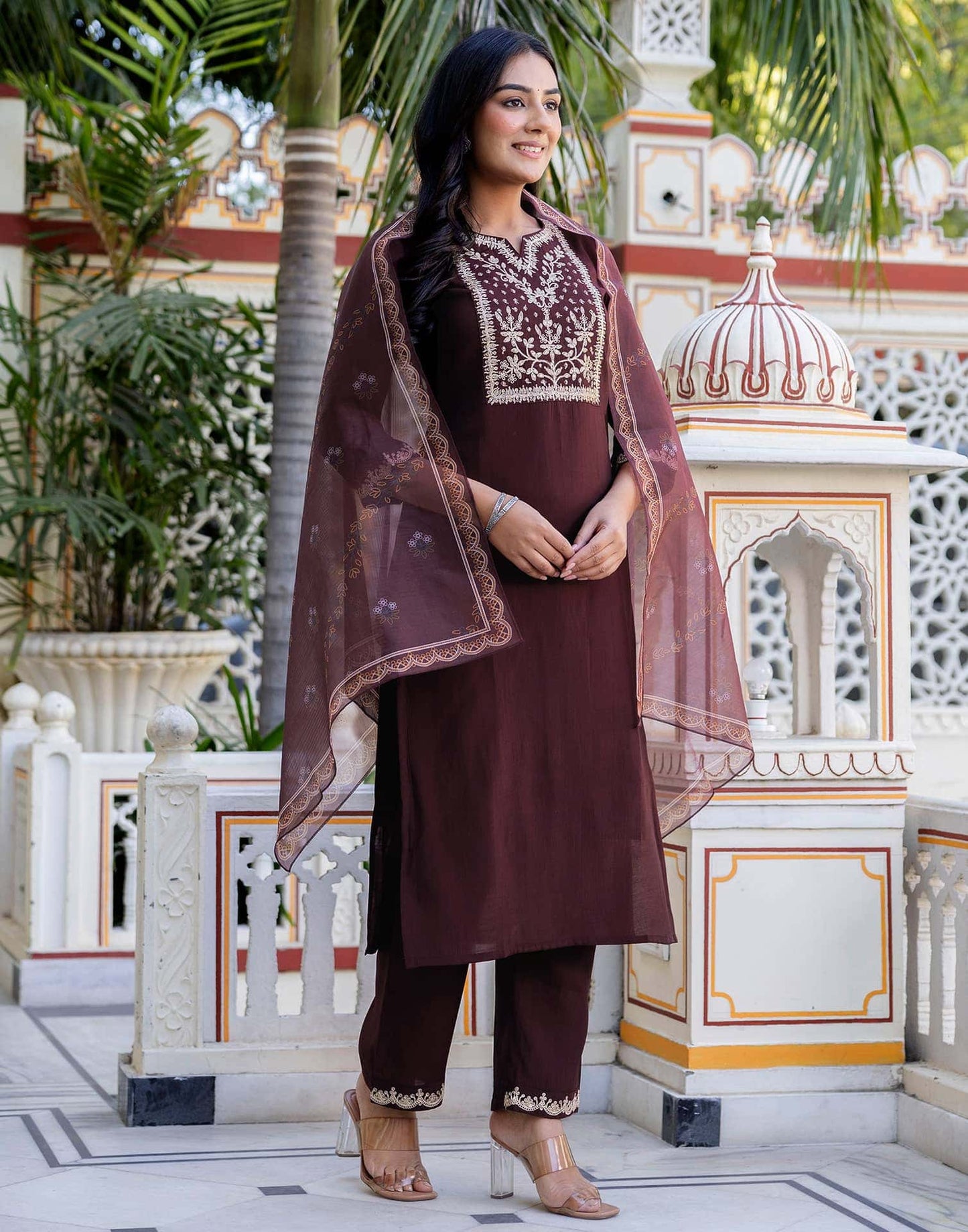 Silk Embroidery and Sequins Work Straight Kurta with Pant & Dupatta