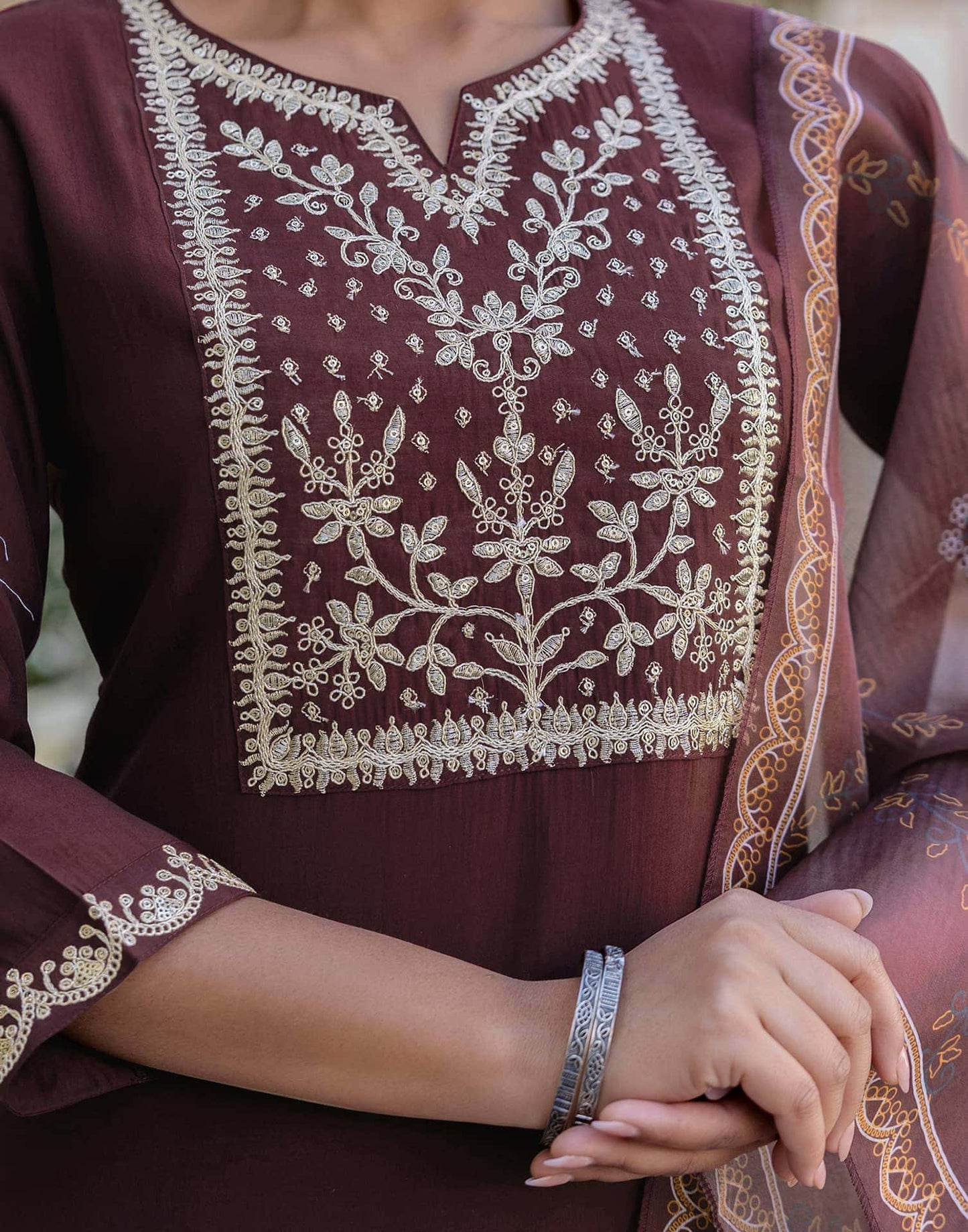 Silk Embroidery and Sequins Work Straight Kurta with Pant & Dupatta
