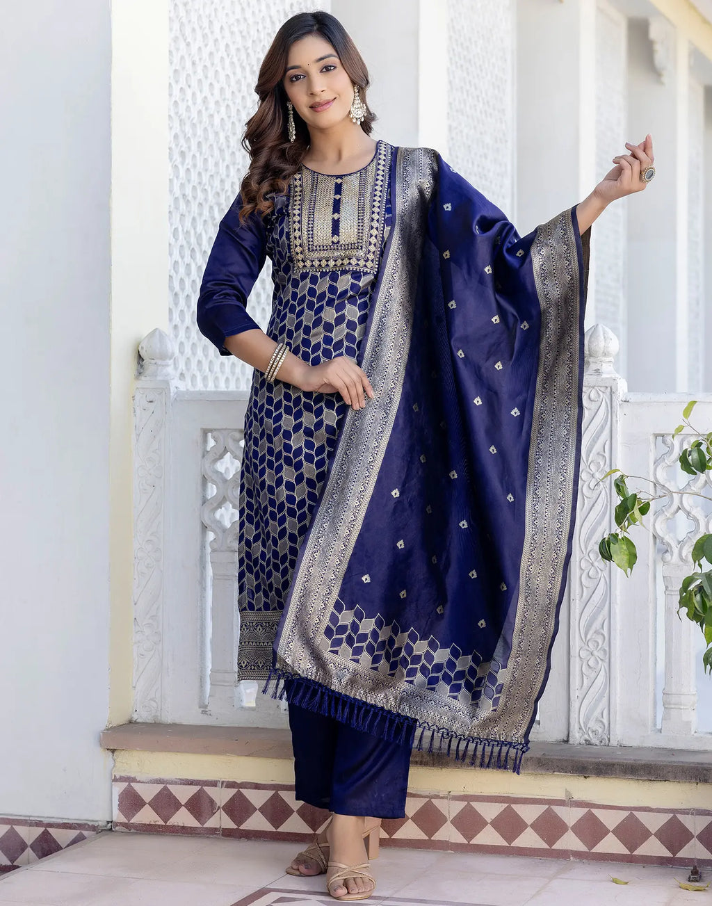Silk Blend Woven Embroidered Straight 3 Piece Kurta Set