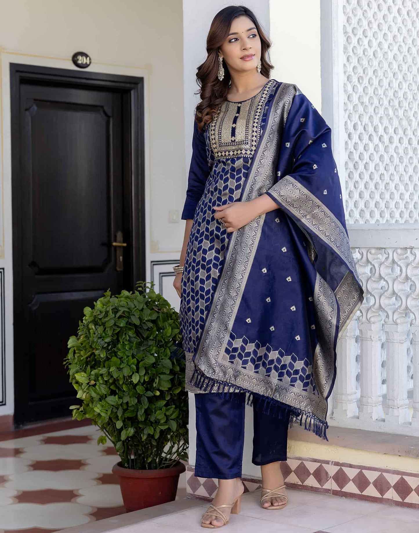 Silk Blend Weaving, Embroidery and Sequins Work A-Line Kurta with Pant & Dupatta