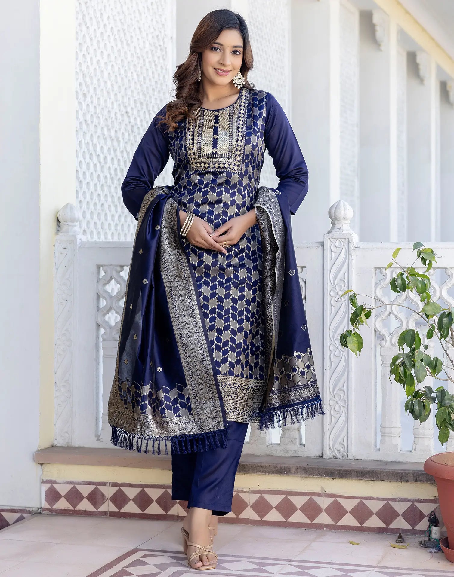 Silk Blend Woven Embroidered Straight 3 Piece Kurta Set