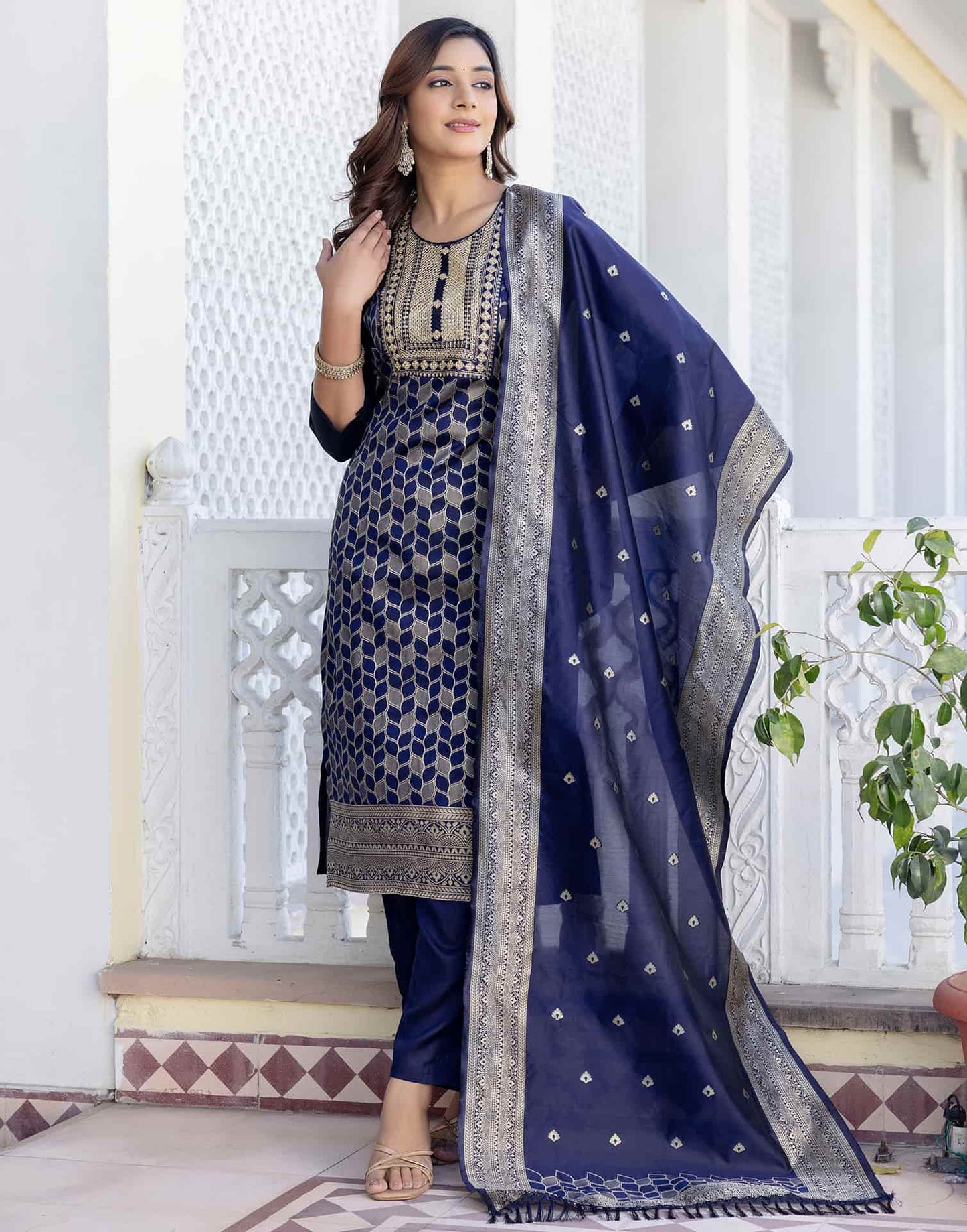 Silk Blend Weaving, Embroidery and Sequins Work A-Line Kurta with Pant & Dupatta