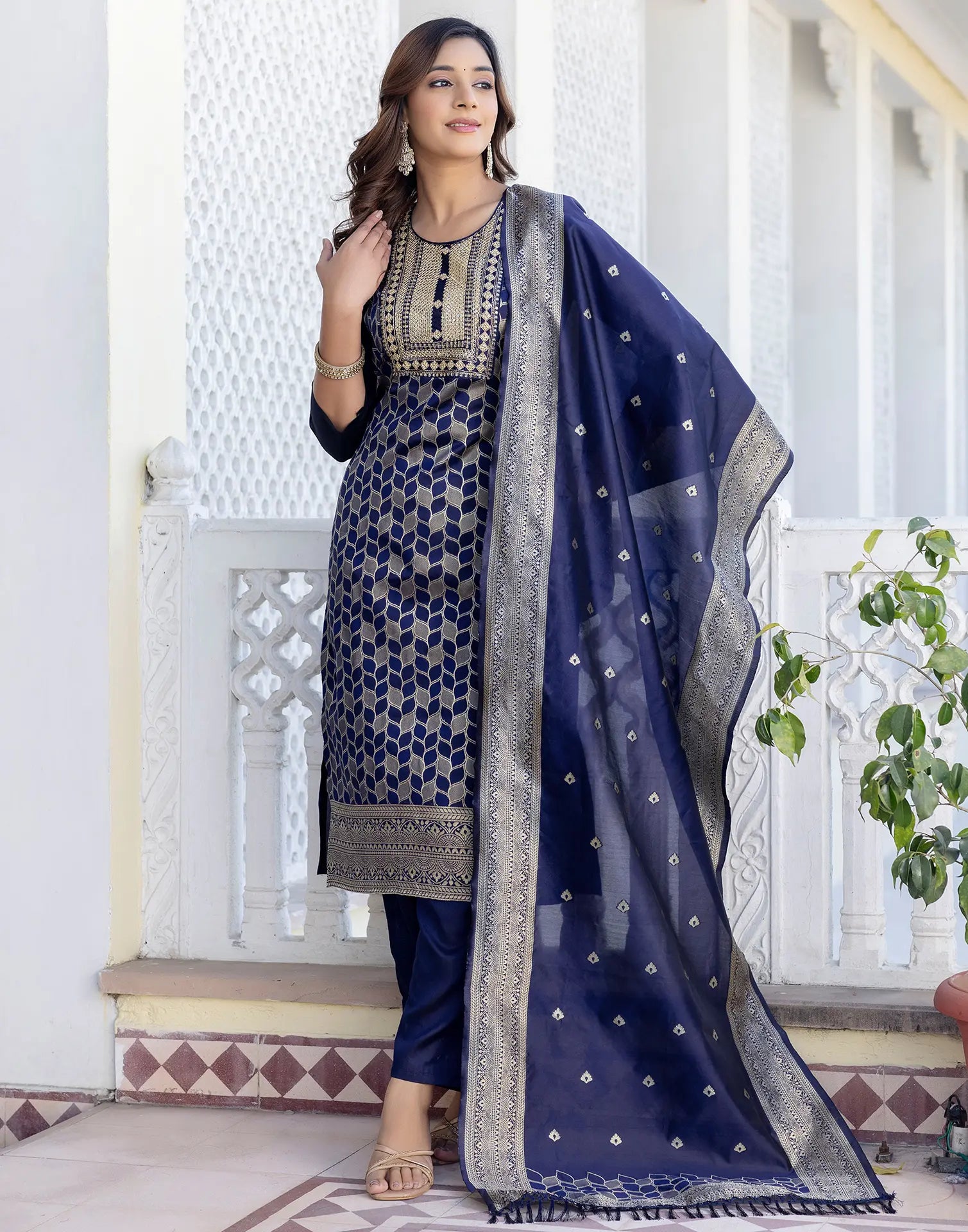 Silk Blend Woven Embroidered Straight 3 Piece Kurta Set