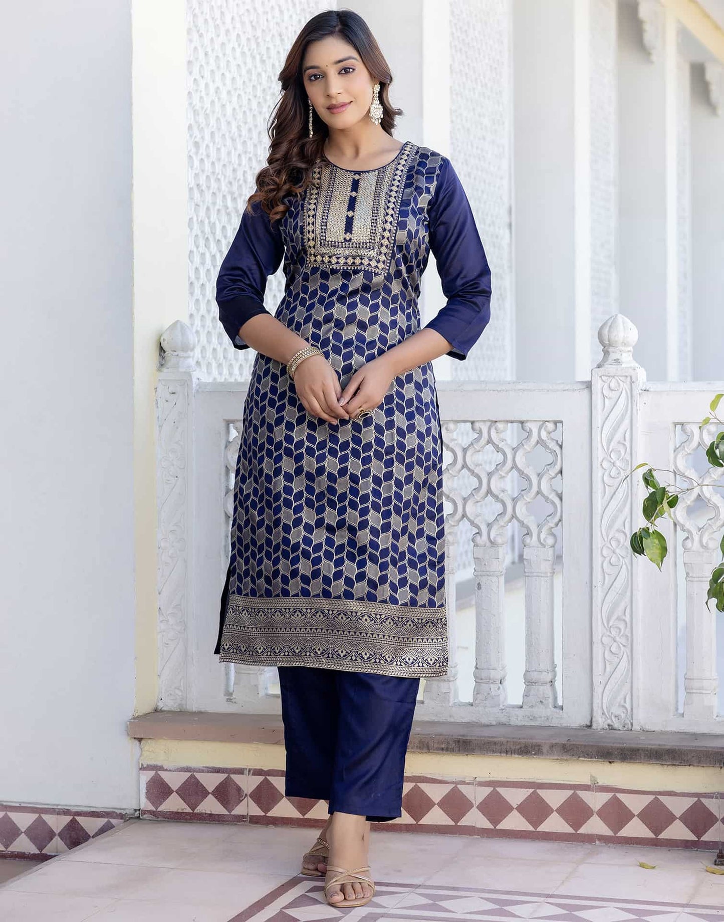 Silk Blend Weaving, Embroidery and Sequins Work A-Line Kurta with Pant & Dupatta