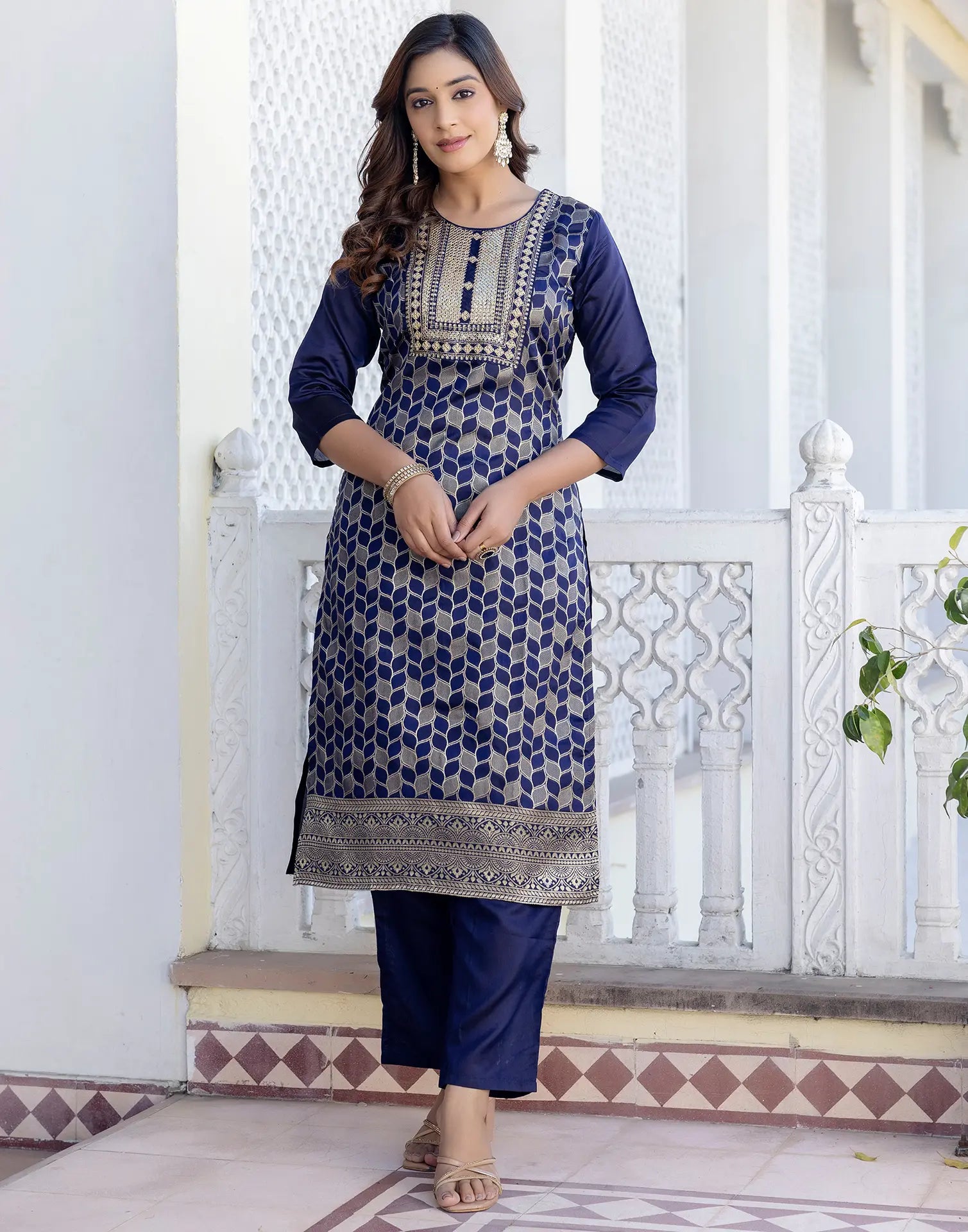 Silk Blend Woven Embroidered Straight 3 Piece Kurta Set