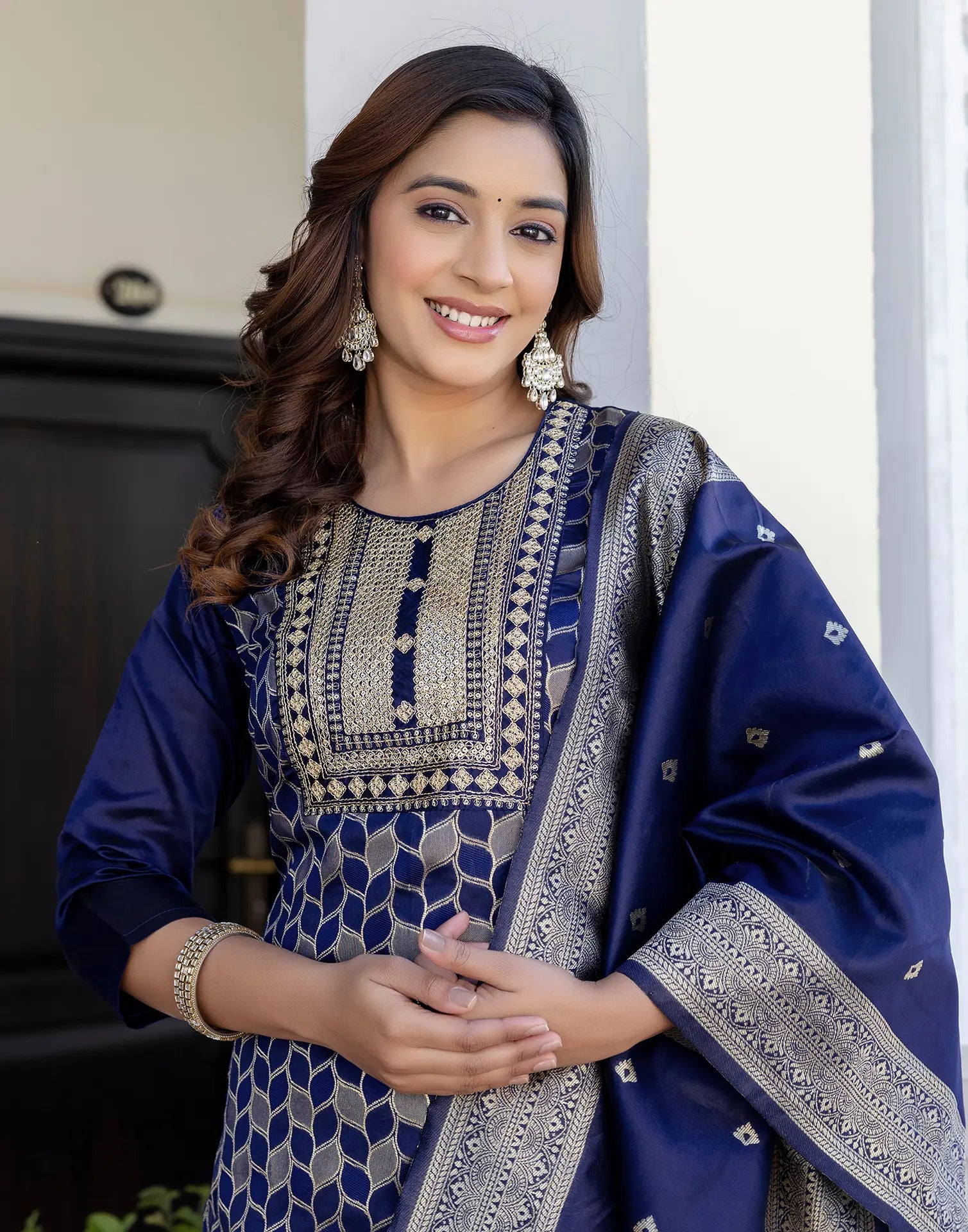 Silk Blend Woven Embroidered Straight 3 Piece Kurta Set
