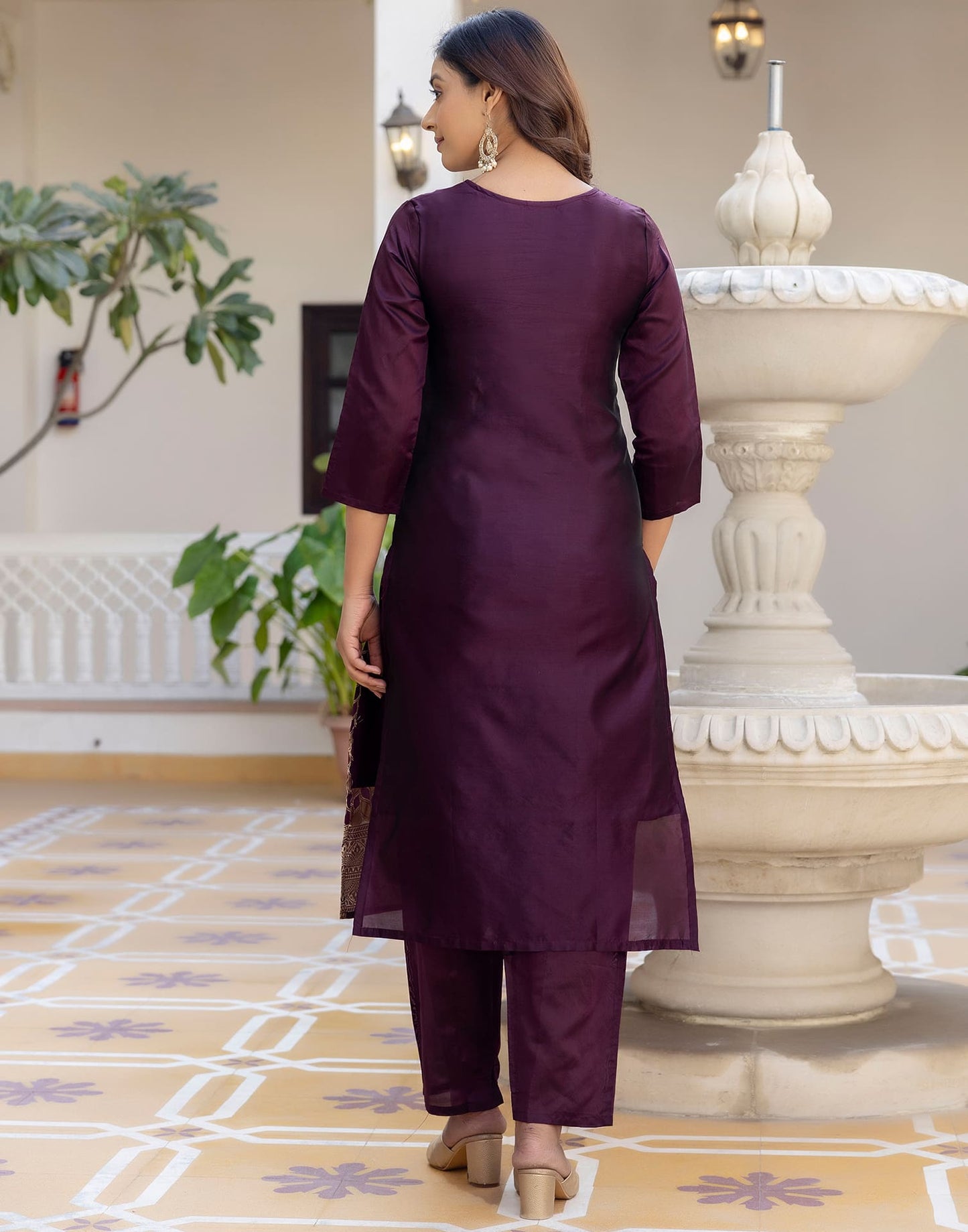 Silk Blend Weaving, Embroidery and Sequins Work A-Line Kurta with Pant & Dupatta