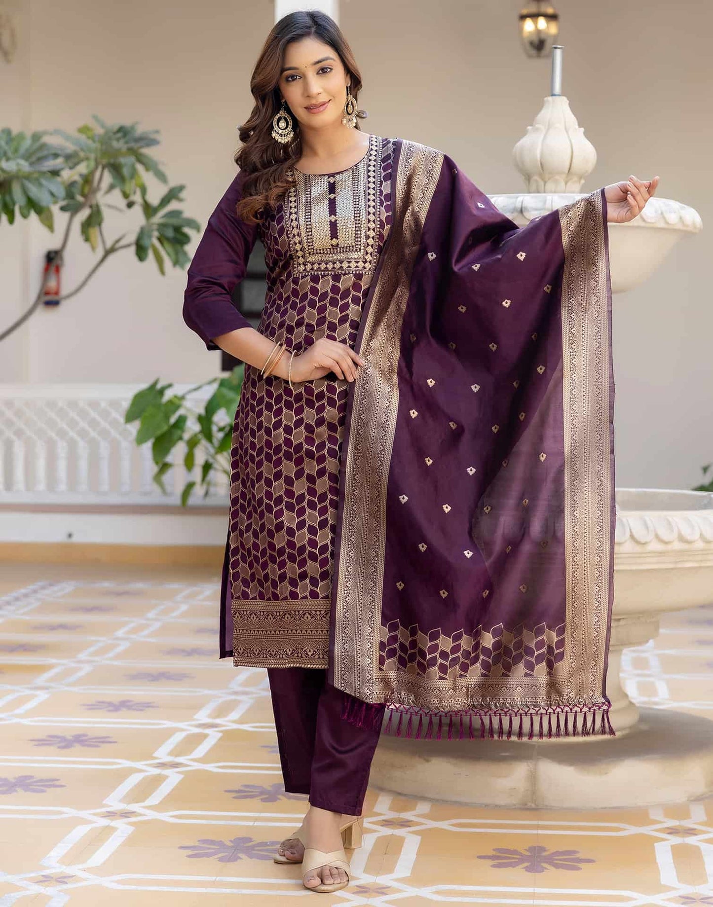 Silk Blend Weaving, Embroidery and Sequins Work A-Line Kurta with Pant & Dupatta
