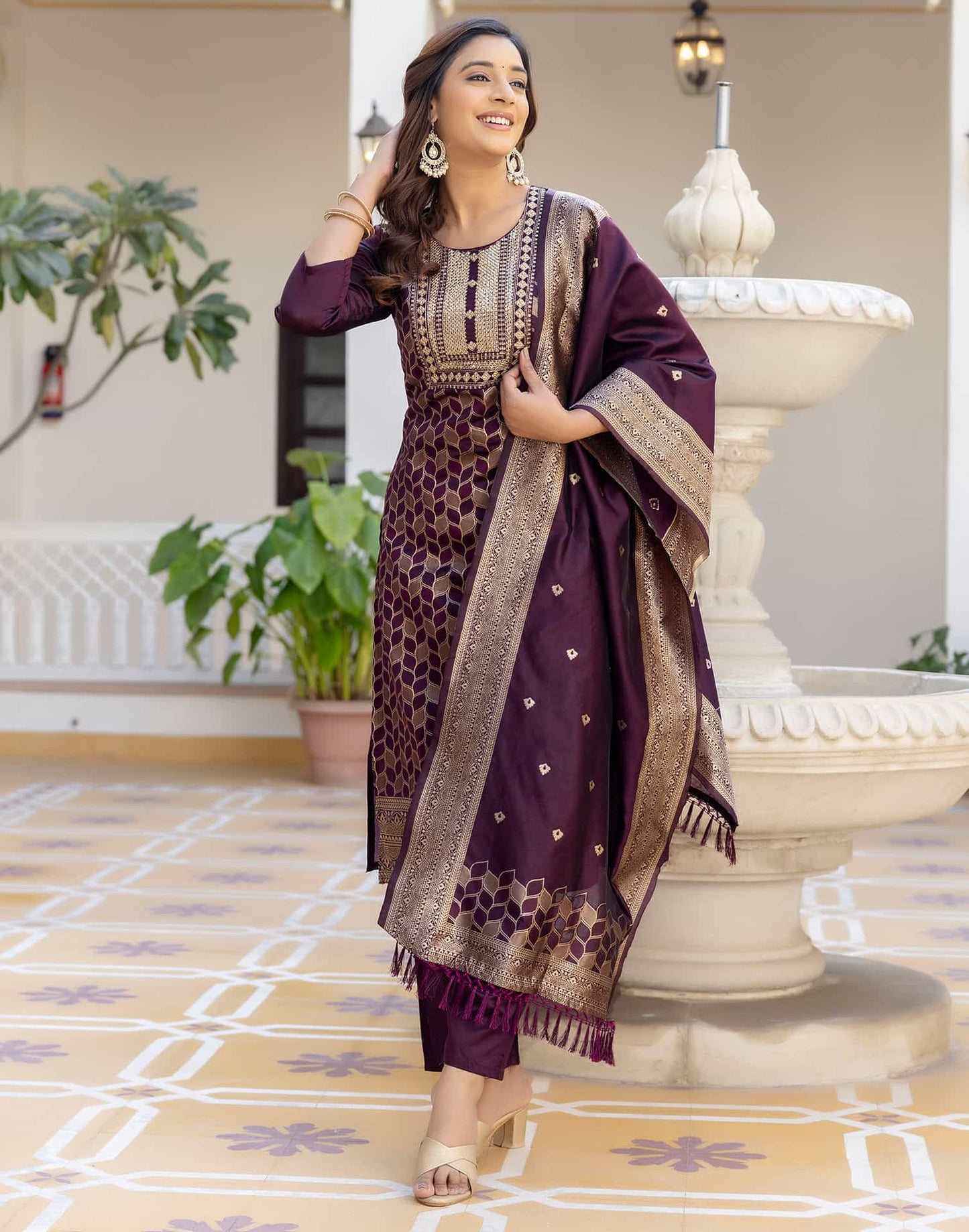 Silk Blend Weaving, Embroidery and Sequins Work A-Line Kurta with Pant & Dupatta