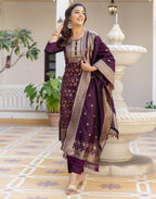Silk Blend Woven Embroidered Straight 3 Piece Kurta Set