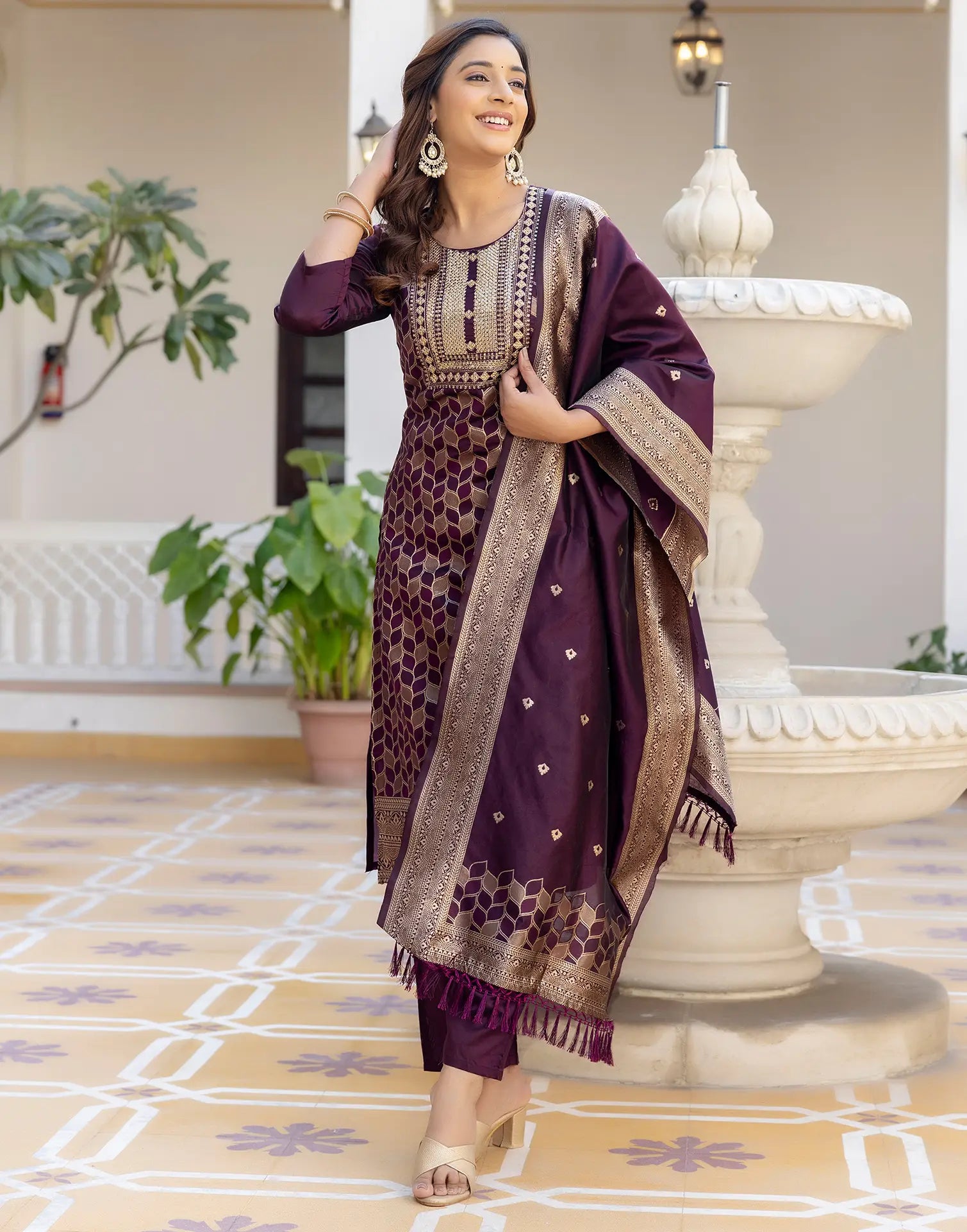 Silk Blend Woven Embroidered Straight 3 Piece Kurta Set