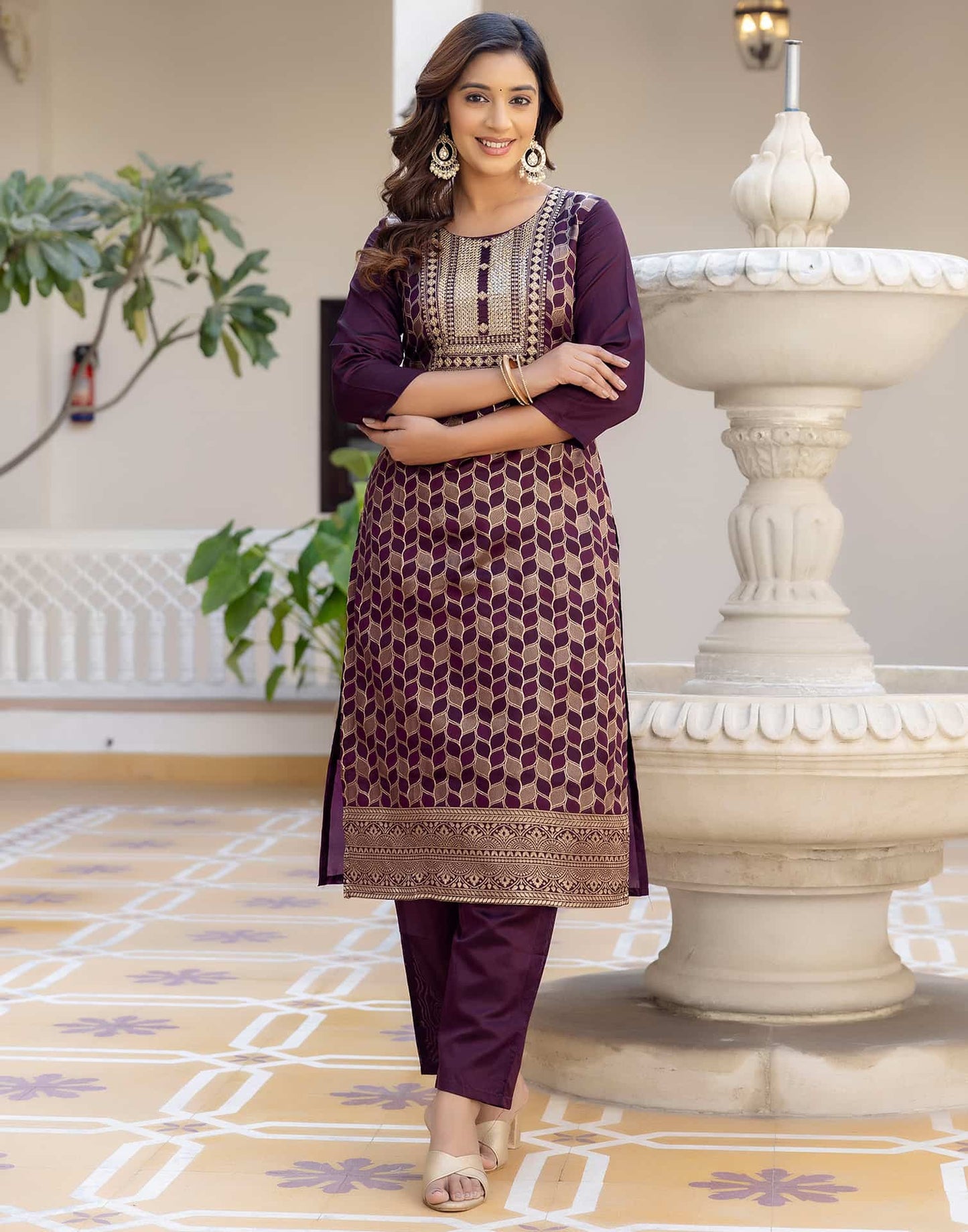 Silk Blend Weaving, Embroidery and Sequins Work A-Line Kurta with Pant & Dupatta