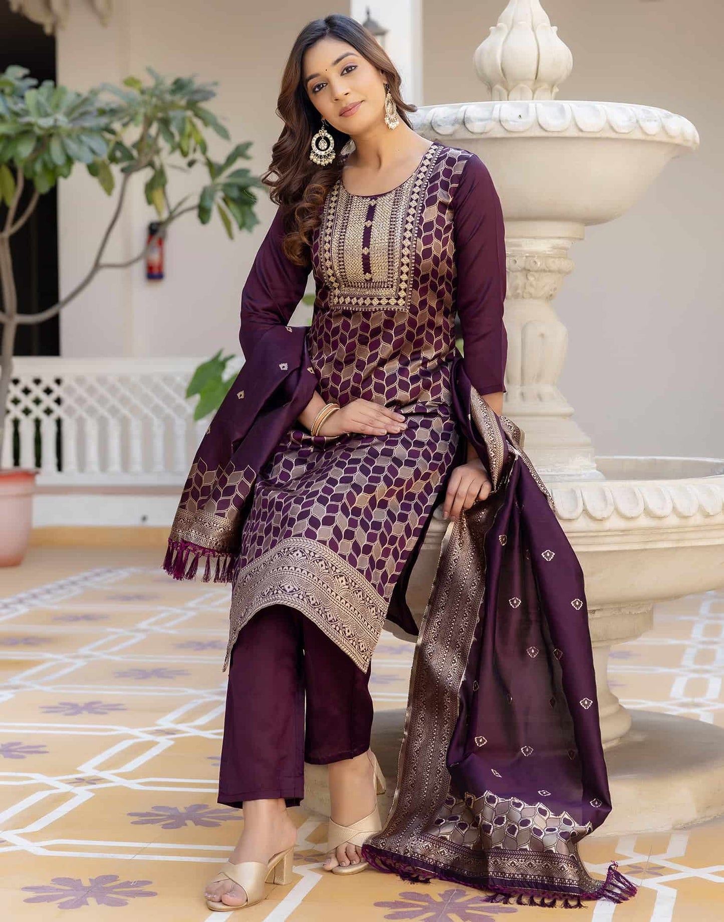 Silk Blend Weaving, Embroidery and Sequins Work A-Line Kurta with Pant & Dupatta