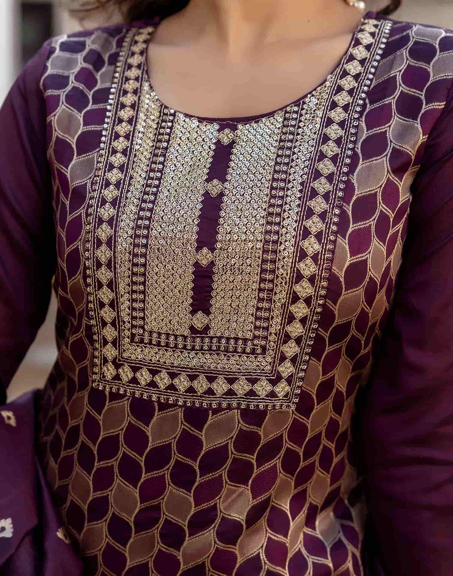 Silk Blend Weaving, Embroidery and Sequins Work A-Line Kurta with Pant & Dupatta