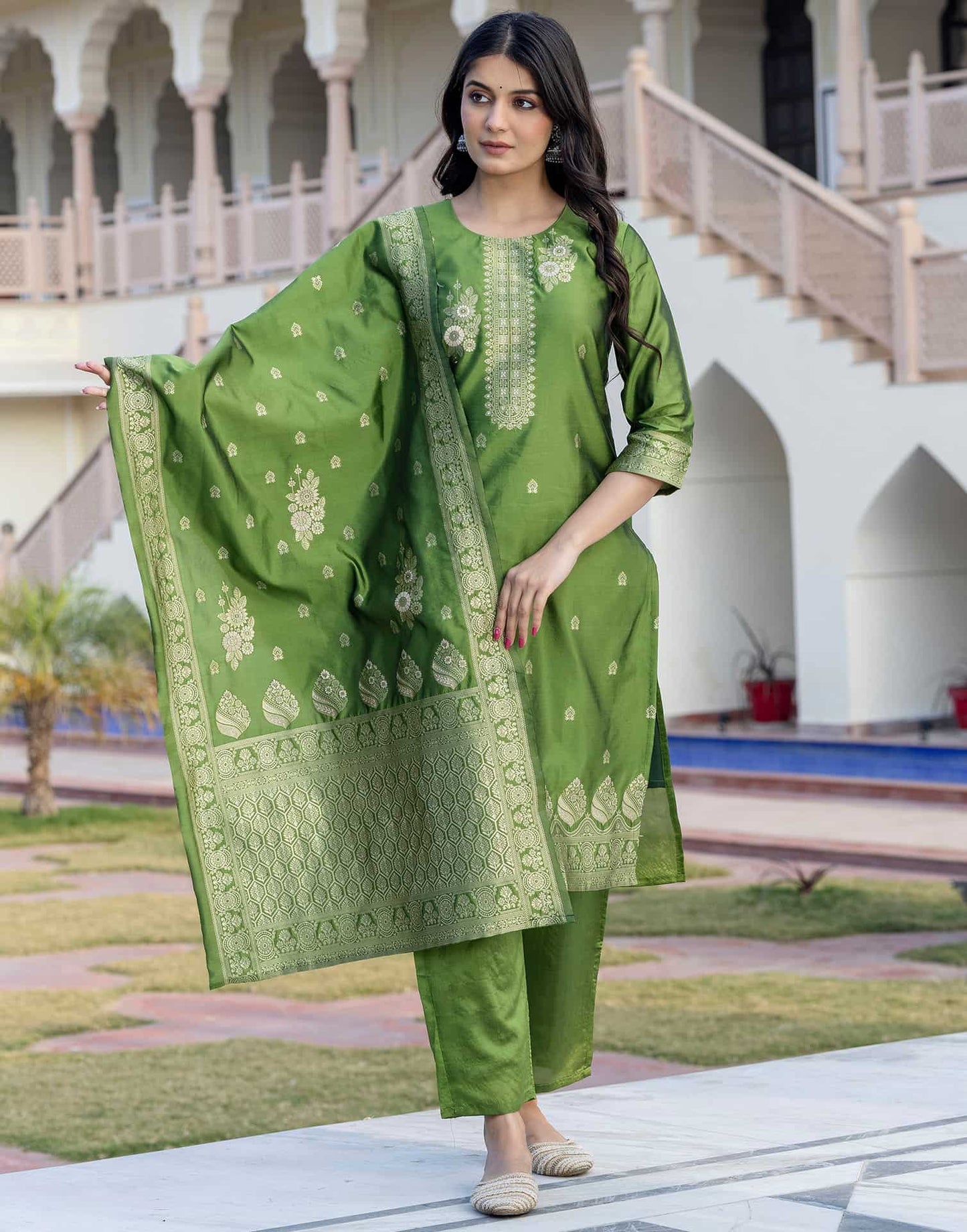 Silk Woven Design Straight Kurta with Pant & Dupatta