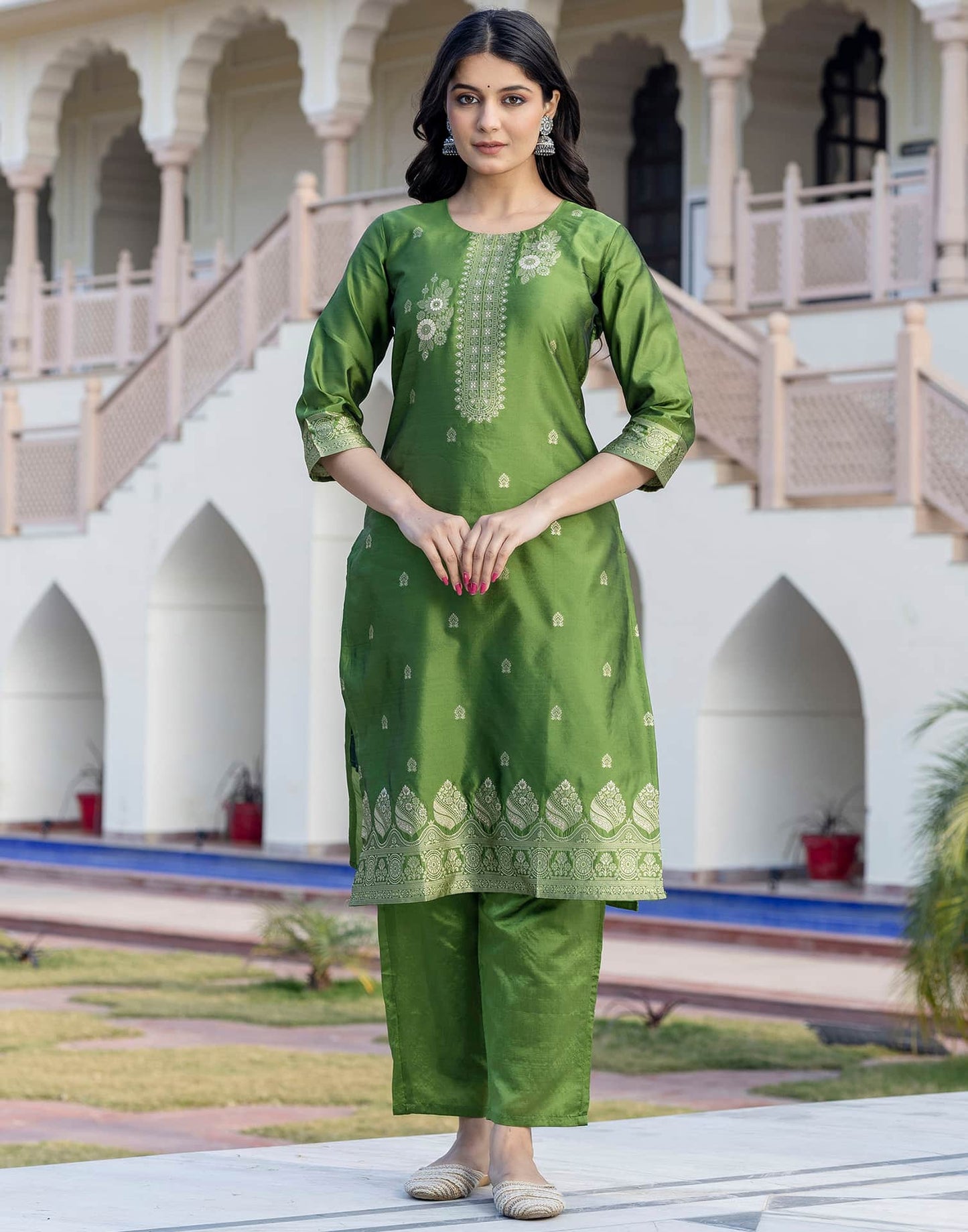 Silk Woven Design Straight Kurta with Pant & Dupatta
