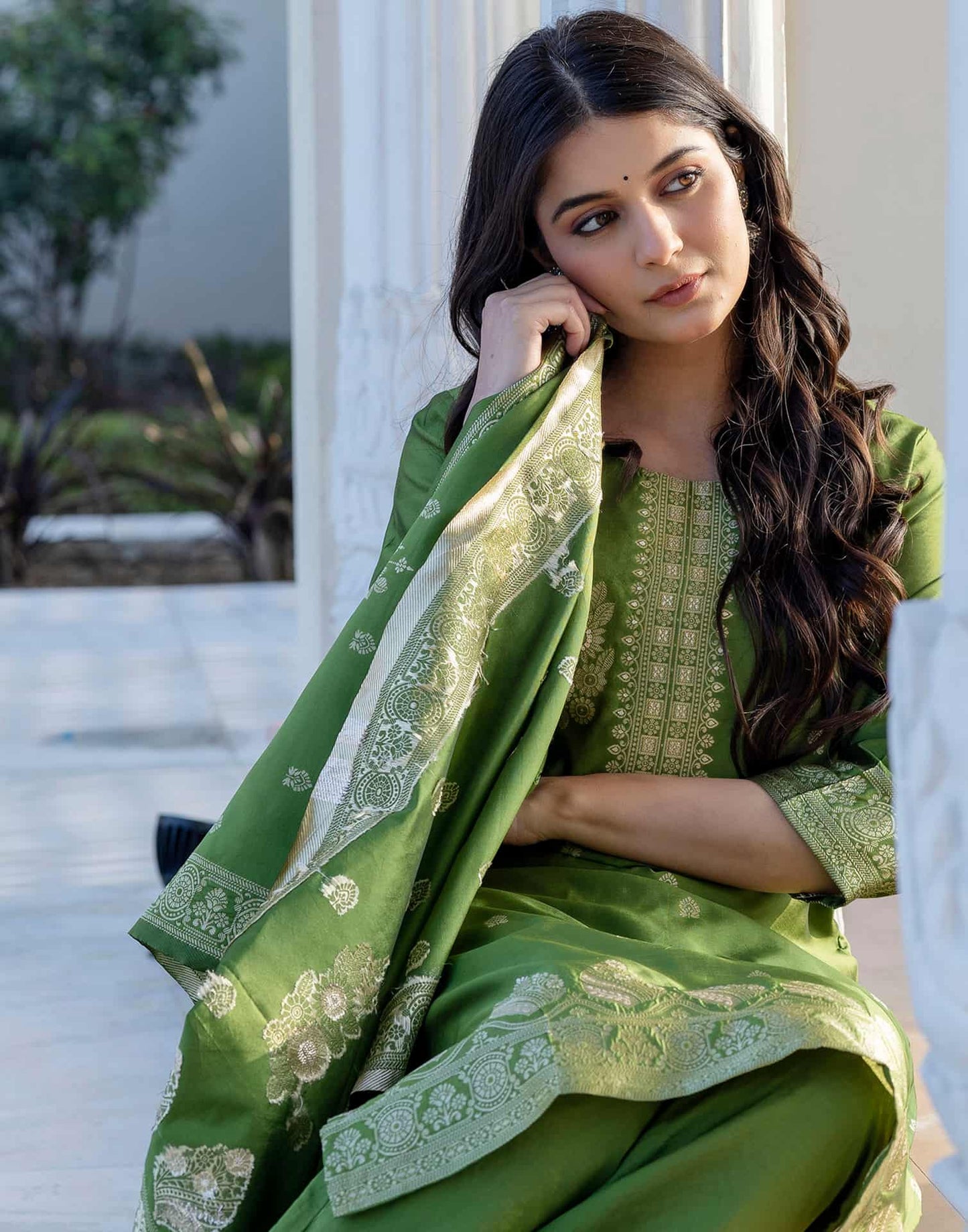 Silk Woven Design Straight Kurta with Pant & Dupatta