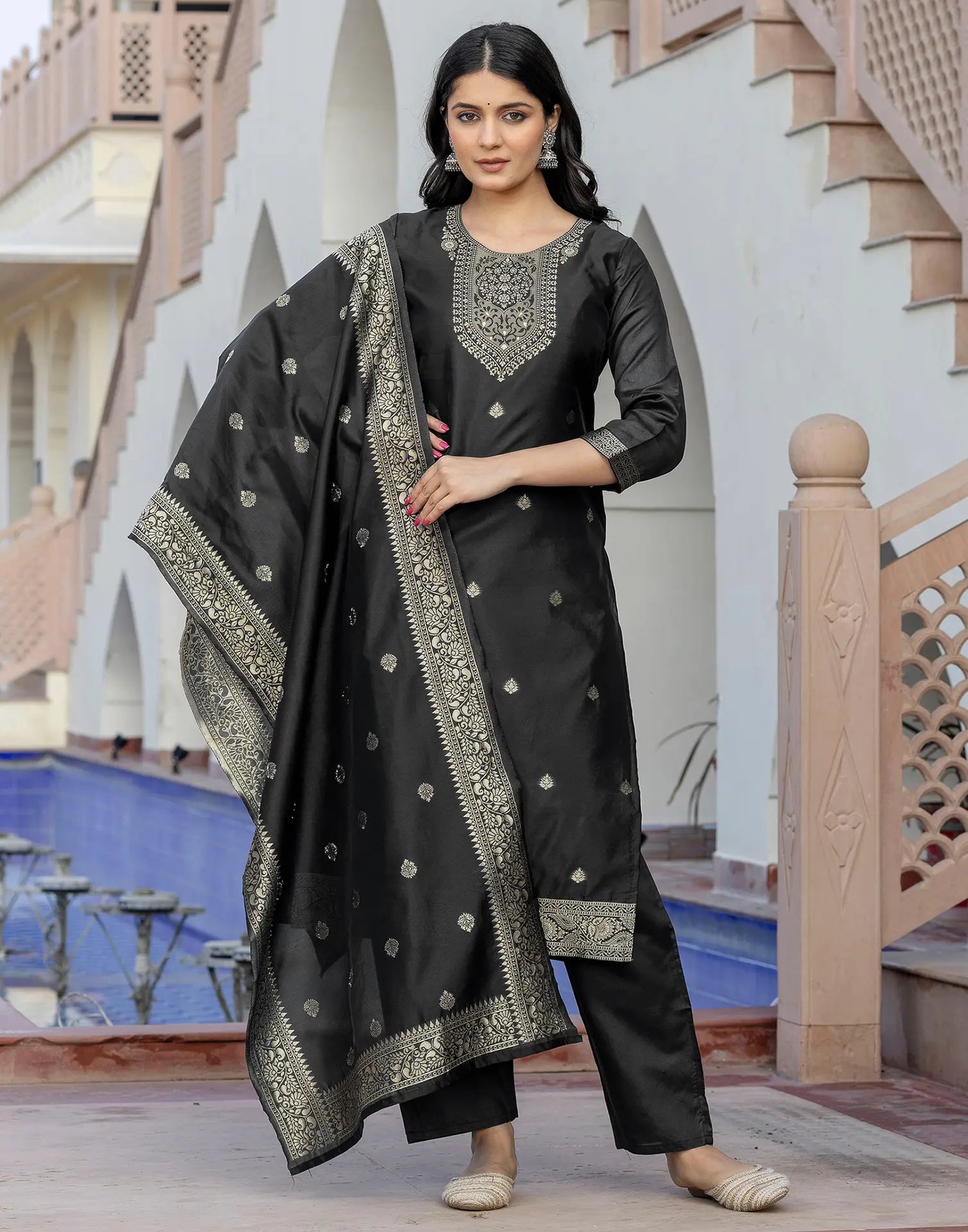 Silk Blend Woven Woven Straight 3 Piece Kurta Set
