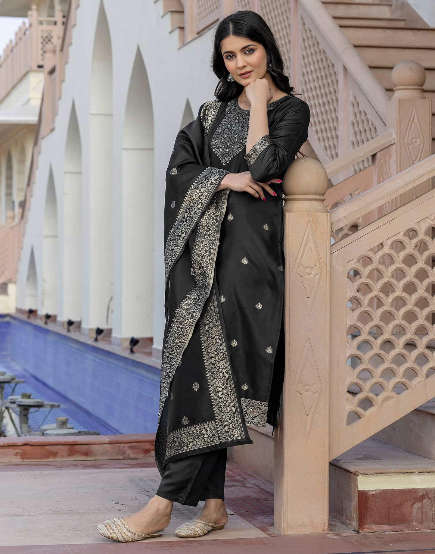 Silk Blend Weaving Straight Kurta with Pant & Dupatta