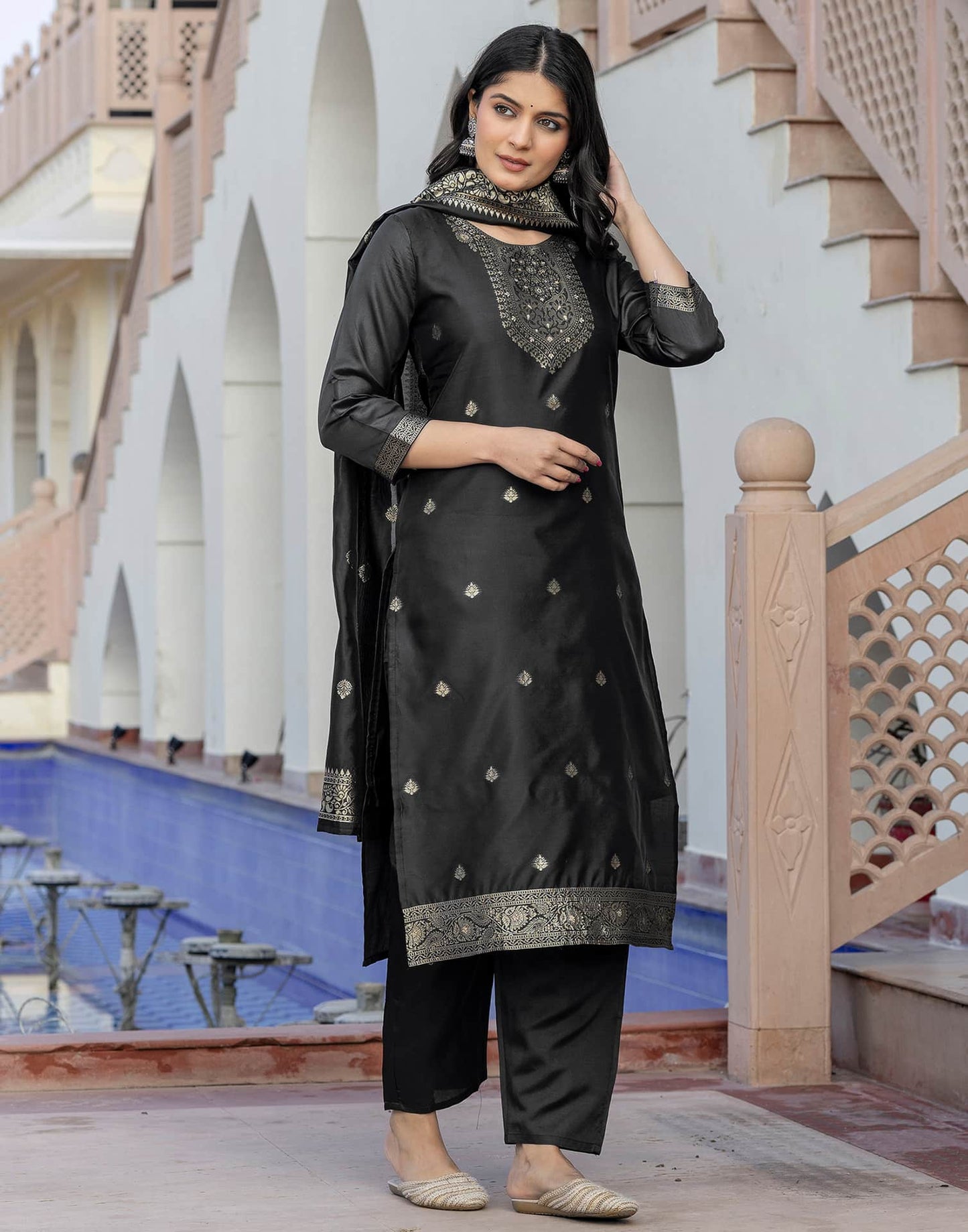 Silk Blend Weaving Straight Kurta with Pant & Dupatta