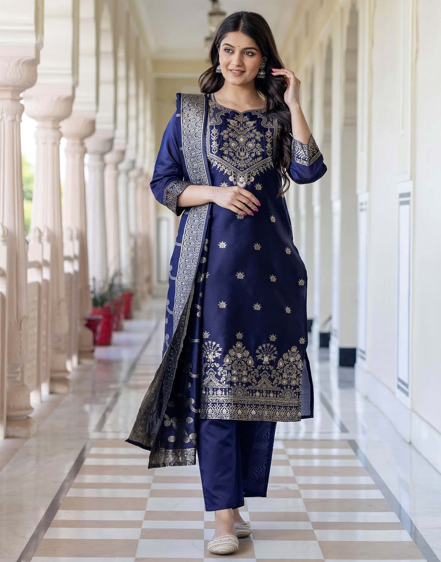 Silk Blend Weaving Straight Kurta with Pant & Dupatta